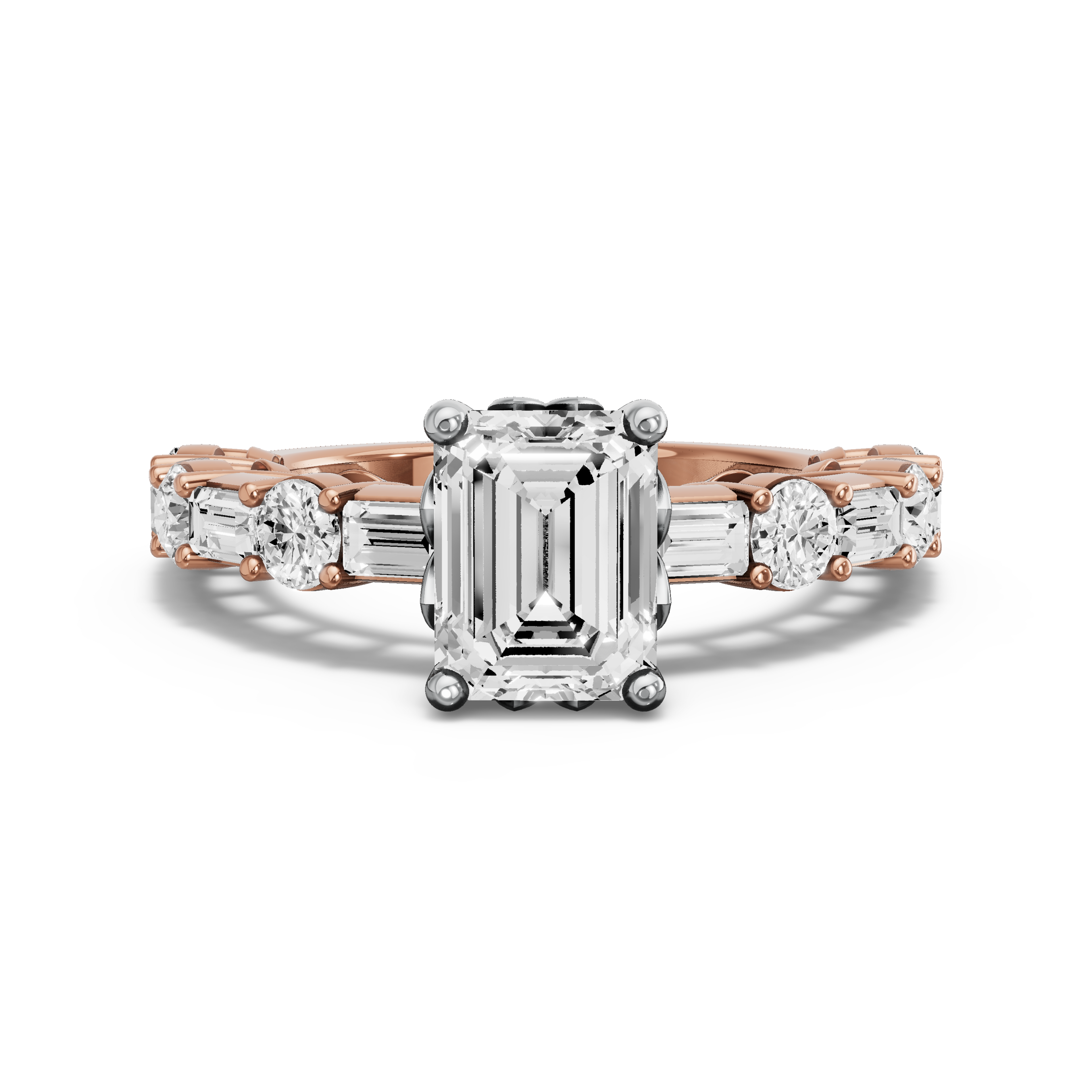 Image for Emerald Lotus Basket Ring with Alternating Baguette band in 18K Two Tone Rose Gold