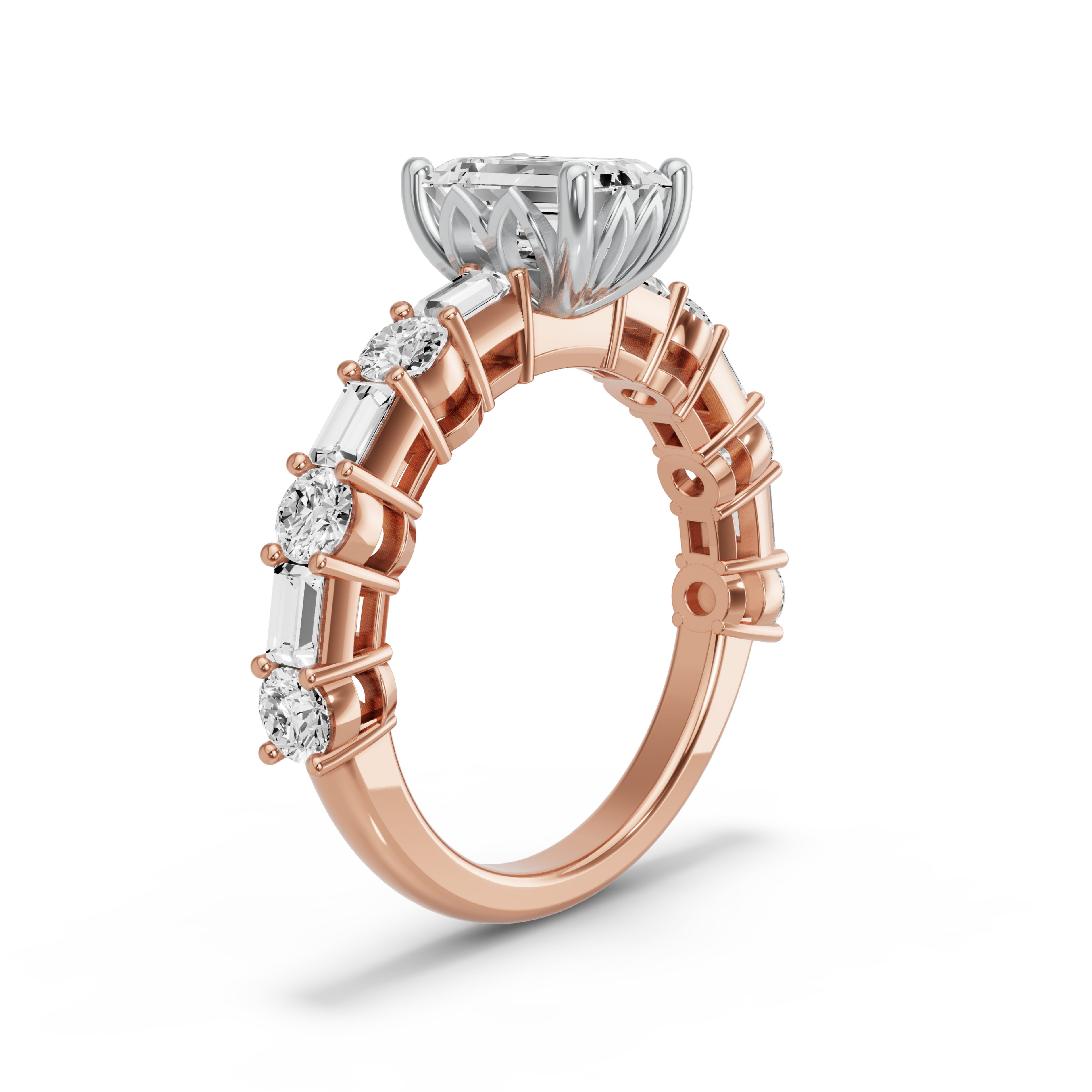 Image for Emerald Lotus Basket Ring with Alternating Baguette band in 10K Two Tone Rose Gold