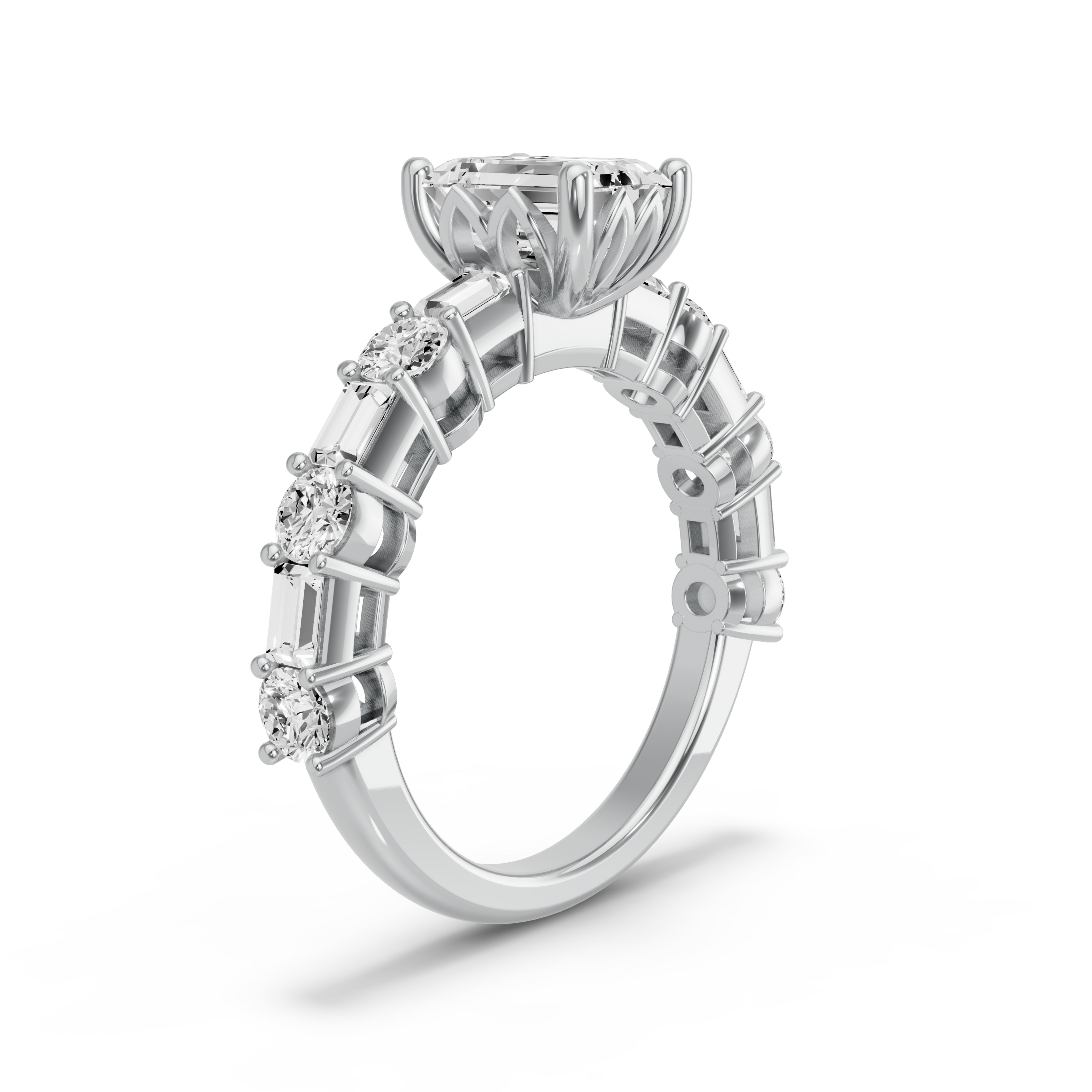 Image for Emerald Lotus Basket Ring with Alternating Baguette band in 14K White Gold