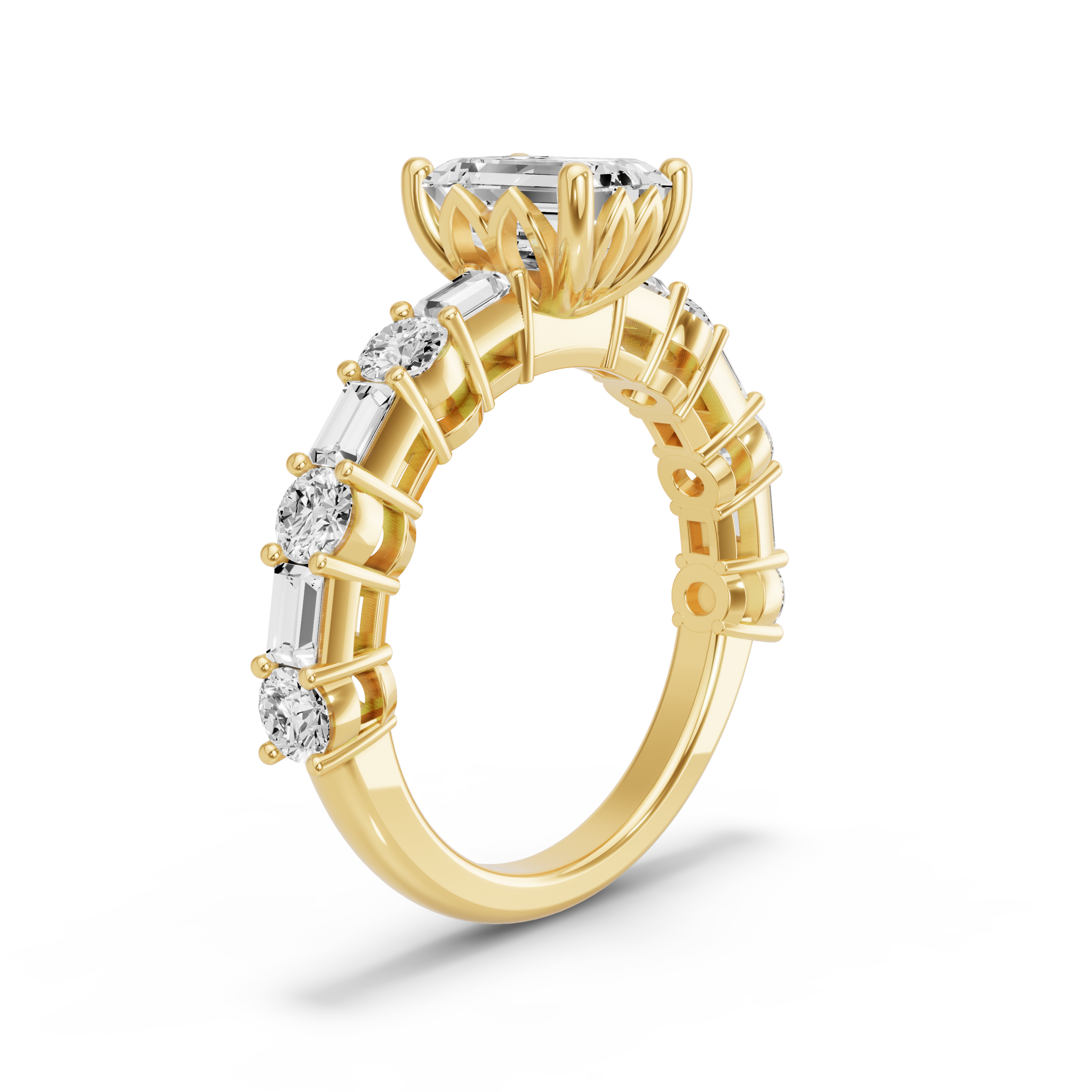 Image for Emerald Lotus Basket Ring with Alternating Baguette band in 10K Yellow Gold