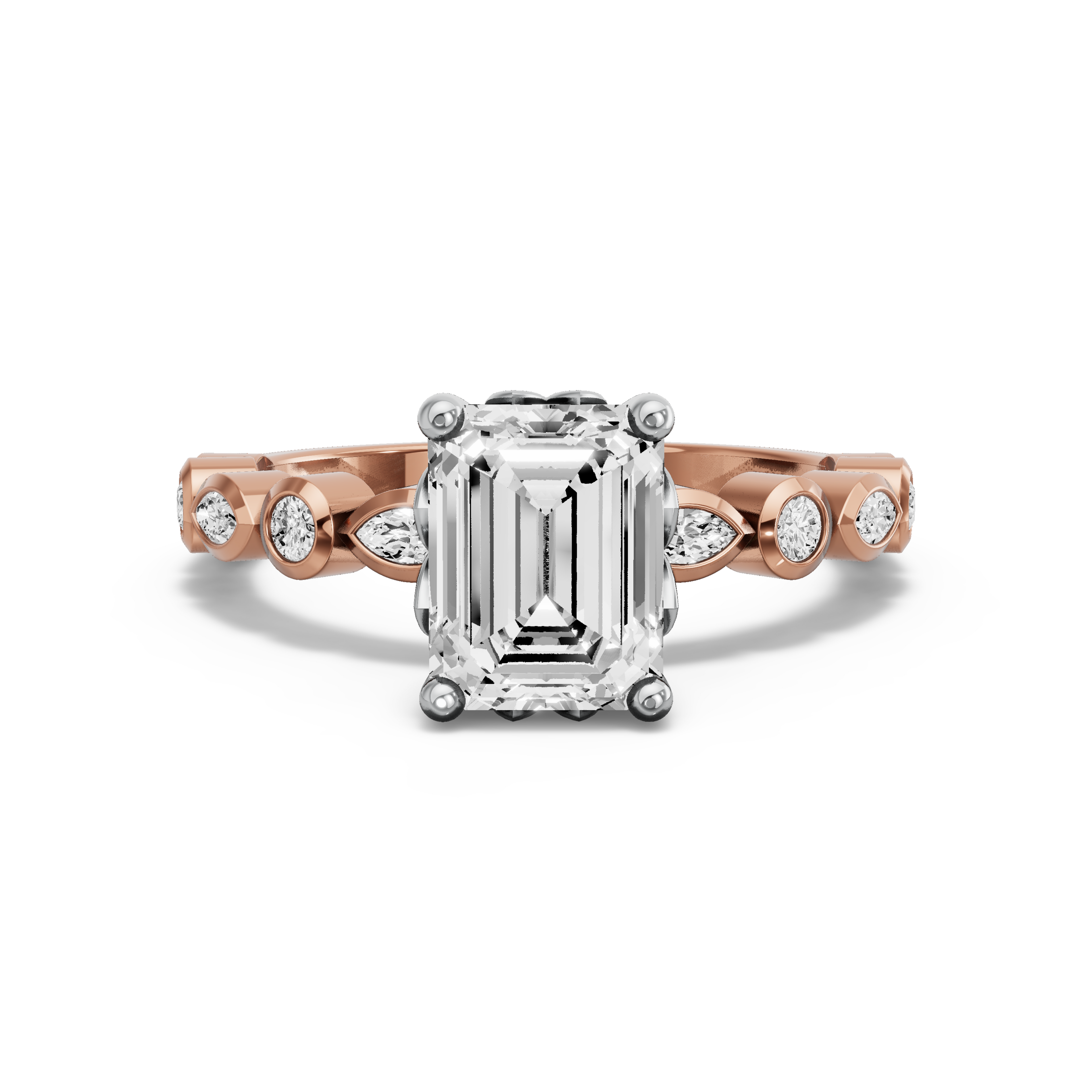 Image for Emerald Lotus Basket Ring with Alternating Marquise band in 10K Two Tone Rose Gold