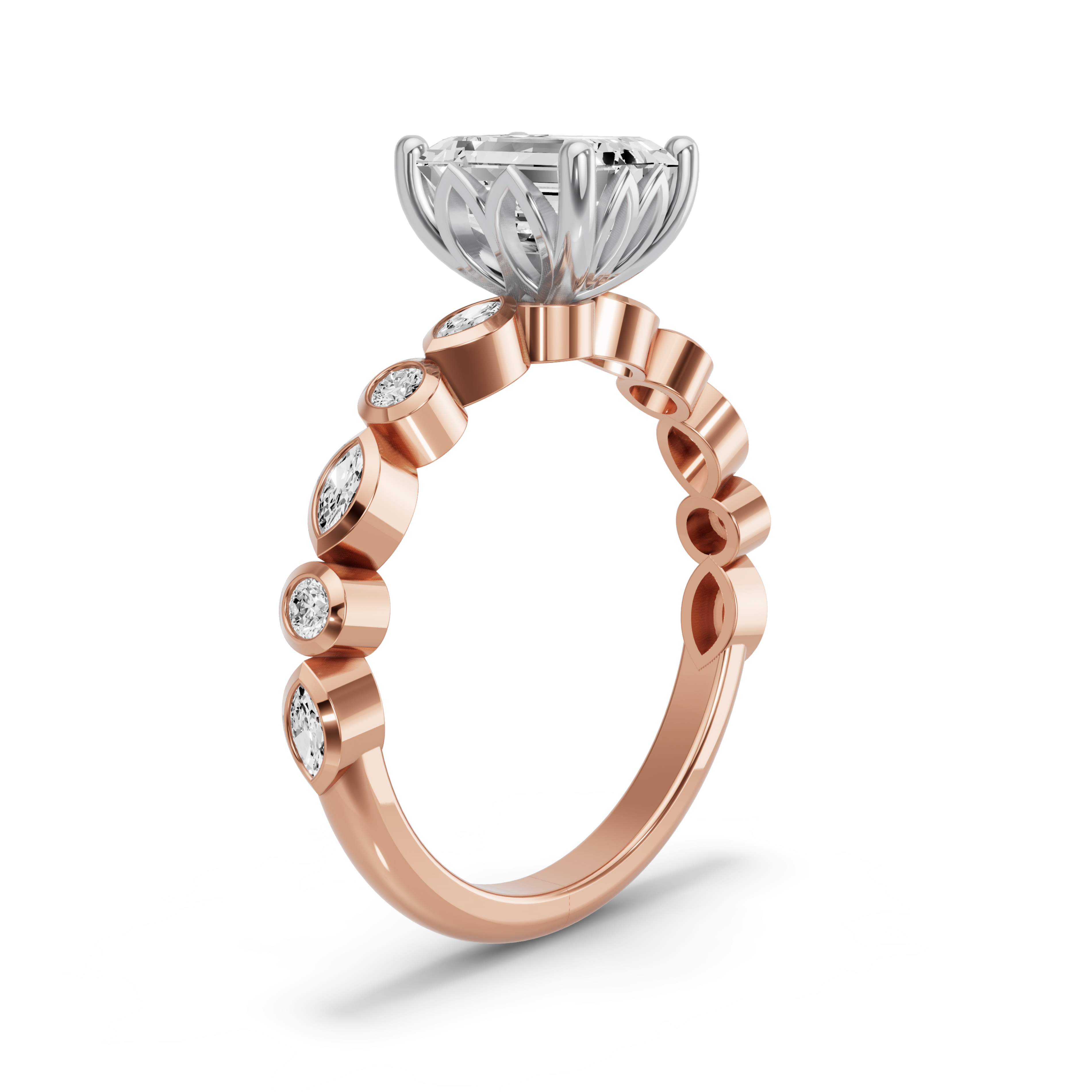Image for Emerald Lotus Basket Ring with Alternating Marquise band in 14K Two Tone Rose Gold