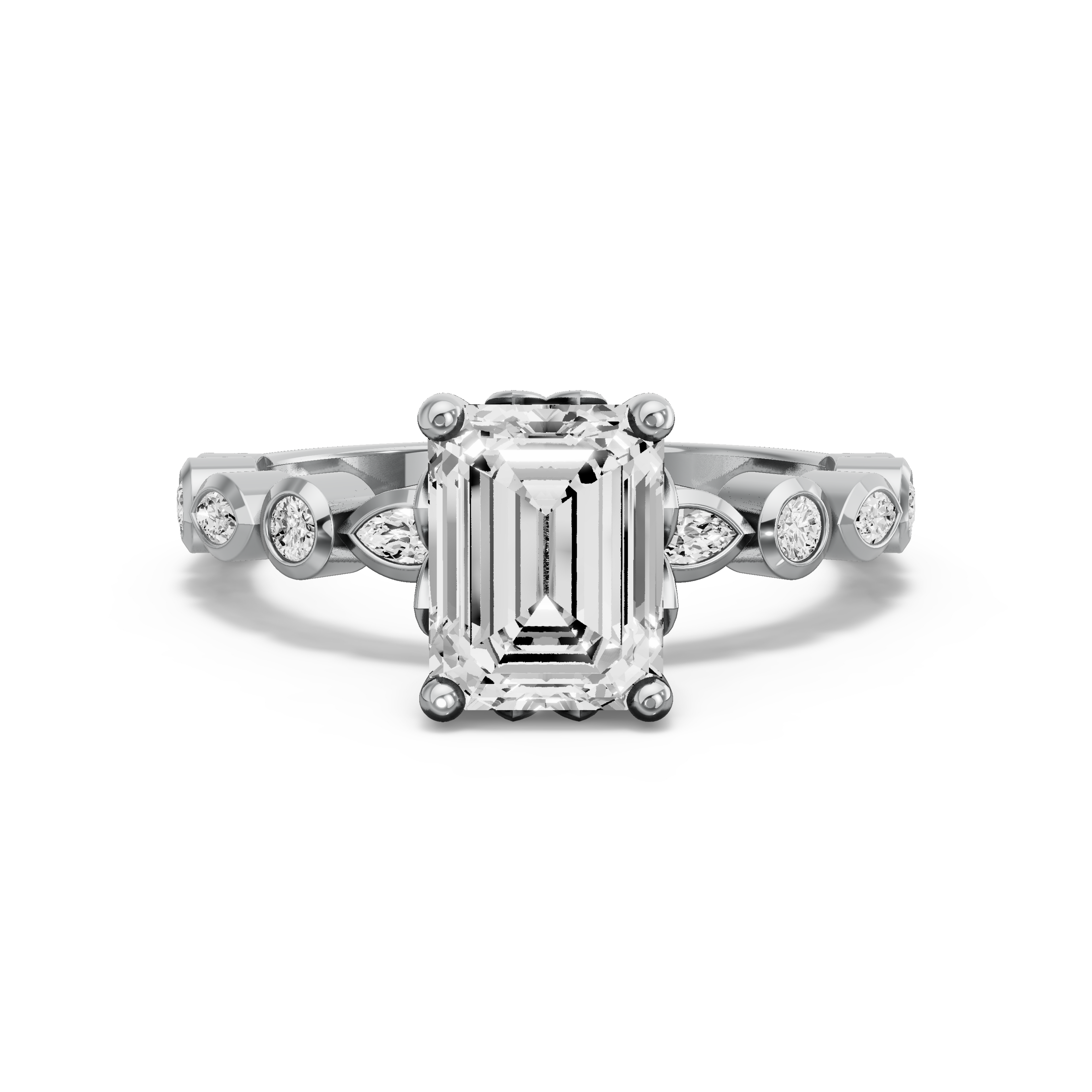 Image for Emerald Lotus Basket Ring with Alternating Marquise band in 10K White Gold