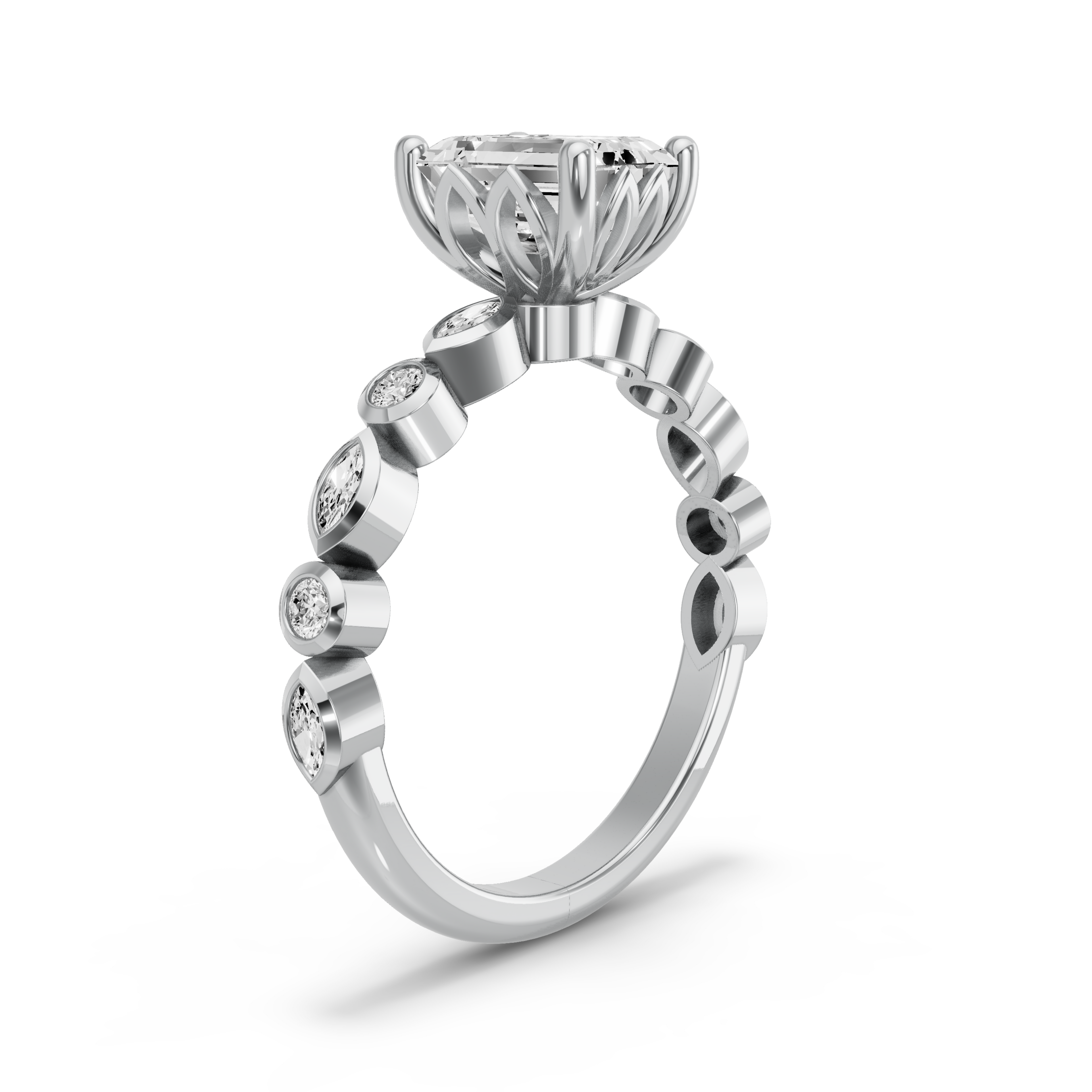 Image for Emerald Lotus Basket Ring with Alternating Marquise band in 10K White Gold