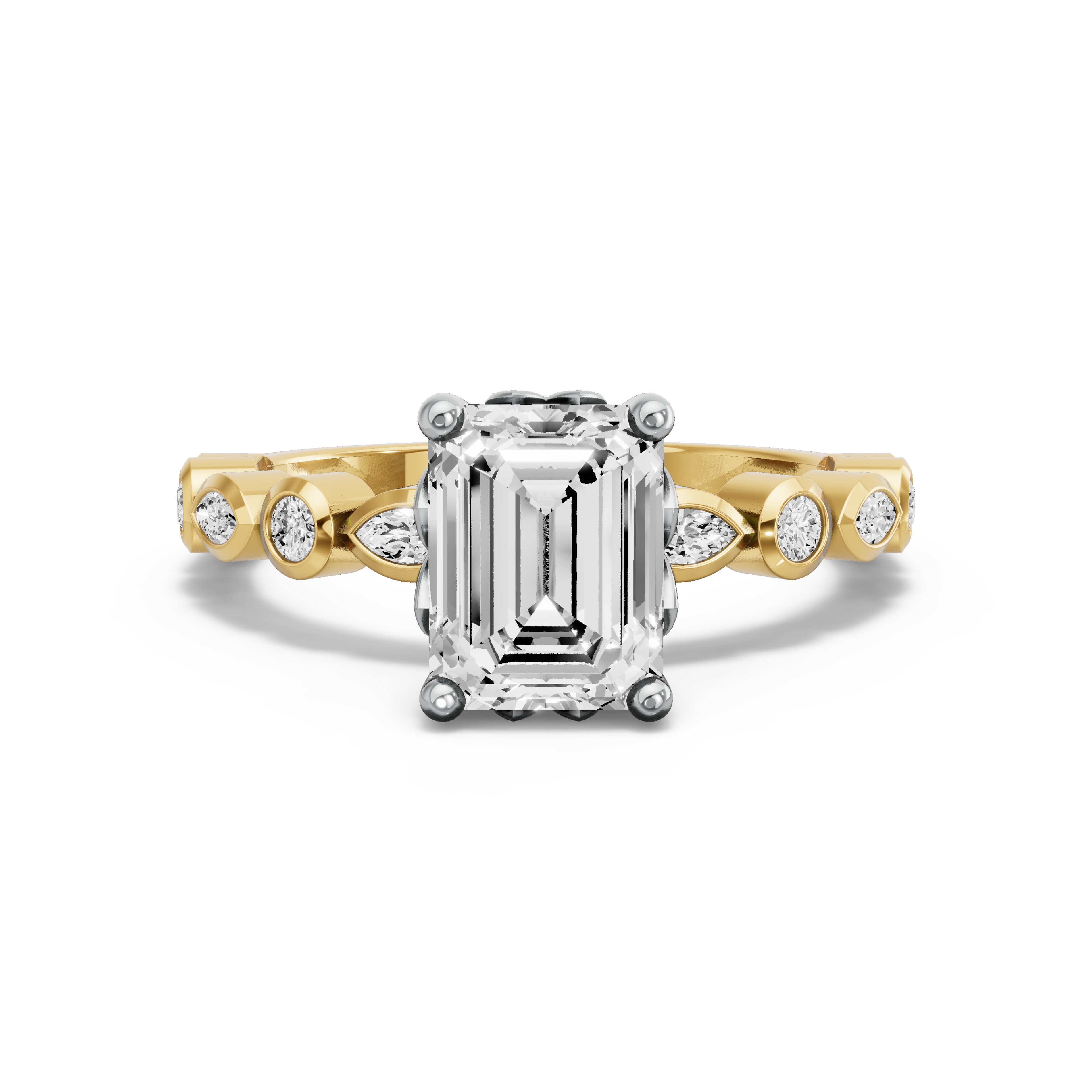 Image for Emerald Lotus Basket Ring with Alternating Marquise band in 14K Two Tone Yellow Gold