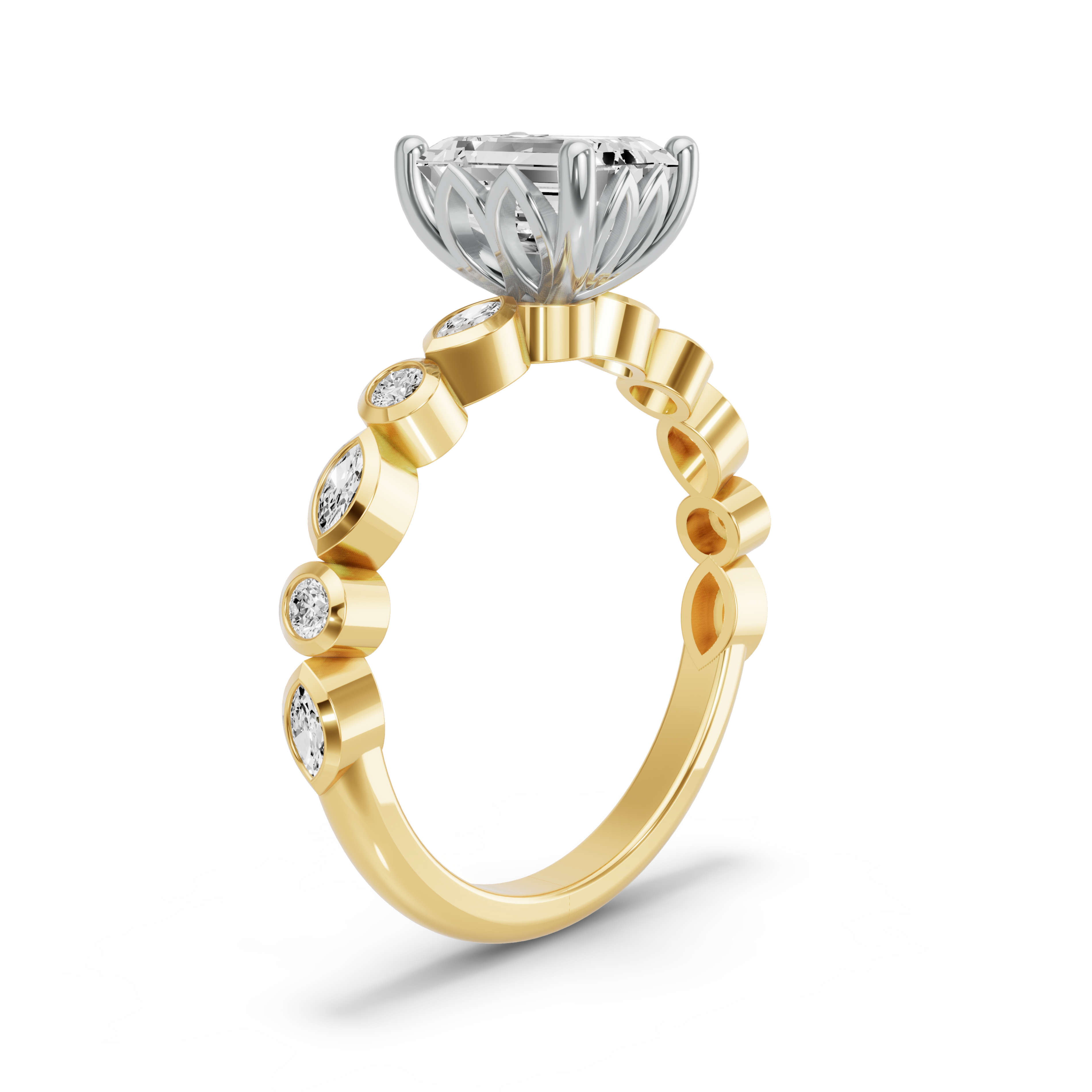 Image for Emerald Lotus Basket Ring with Alternating Marquise band in 14K Two Tone Yellow Gold