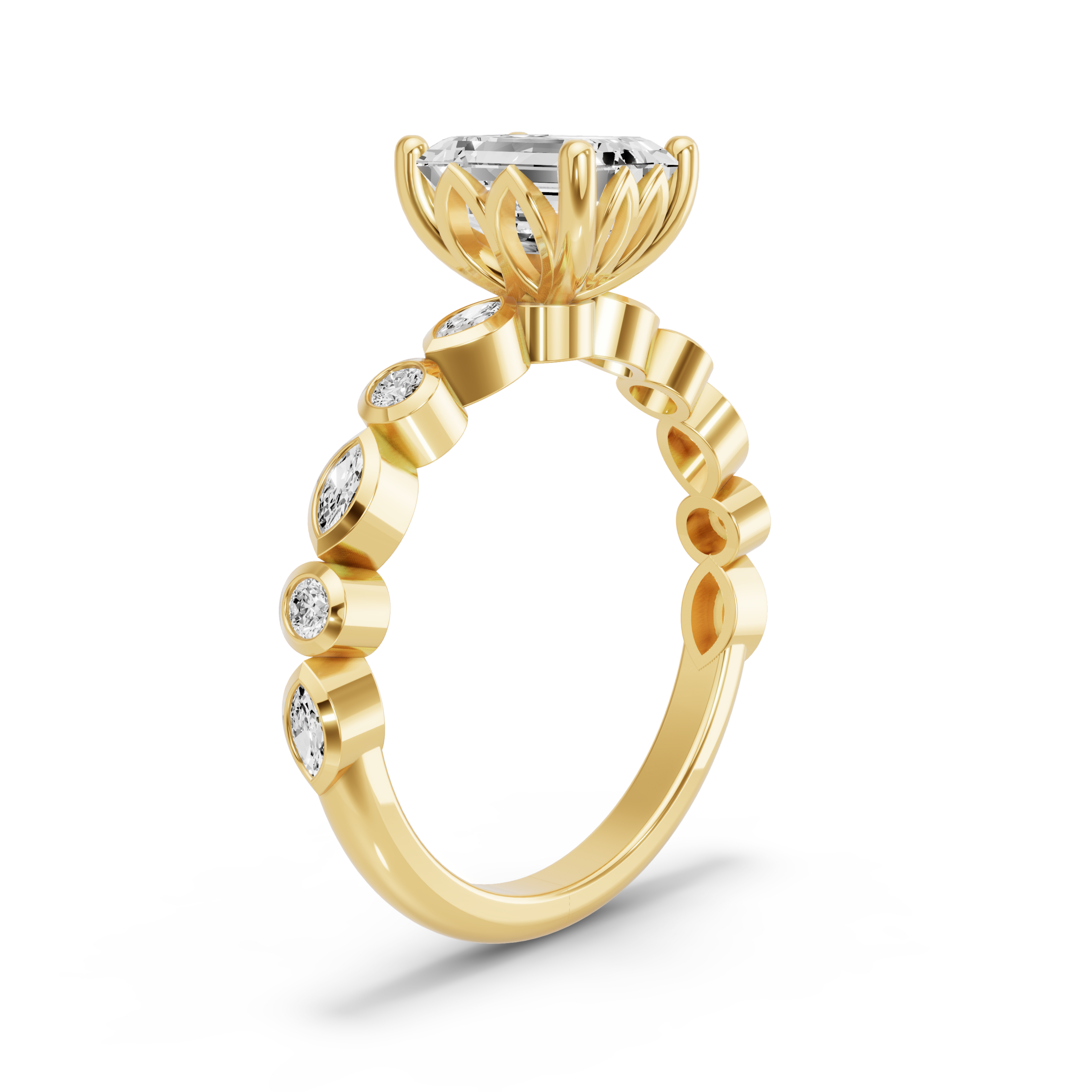 Image for Emerald Lotus Basket Ring with Alternating Marquise band in 18K Yellow Gold
