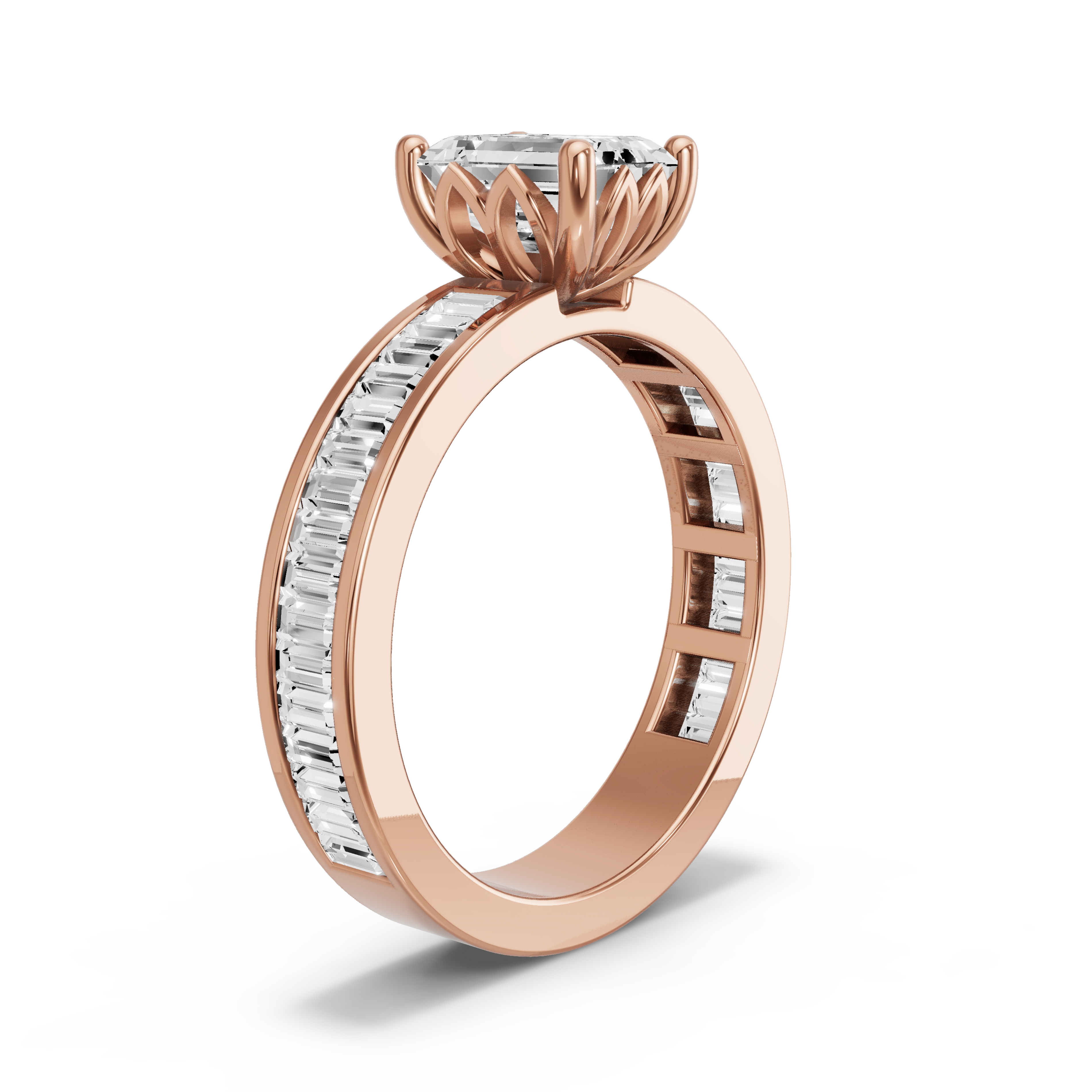 Image for Emerald Lotus Basket Ring with Baguette Channel band in 18K Rose Gold