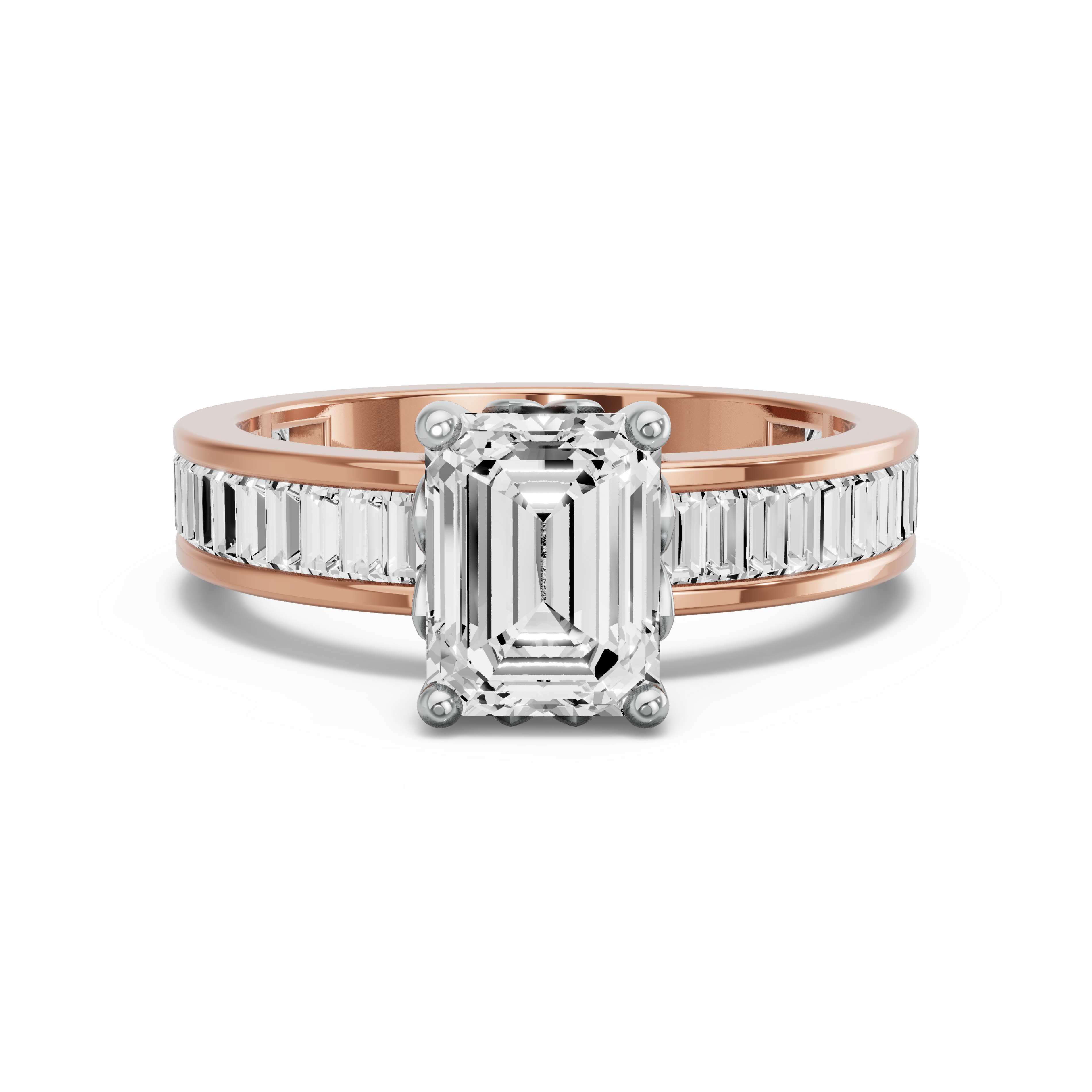 Image for Emerald Lotus Basket Ring with Baguette Channel band in 10K Two Tone Rose Gold