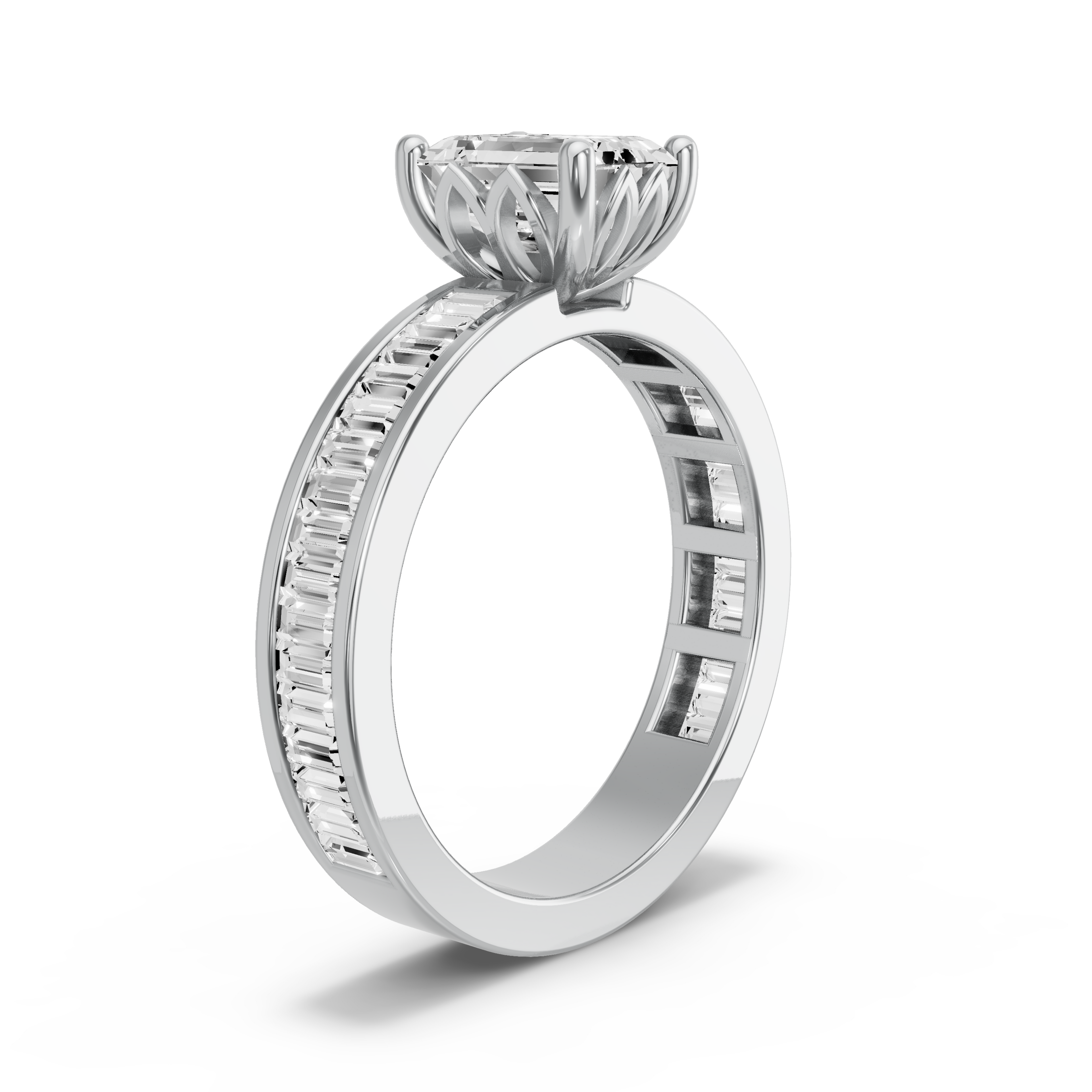 Image for Emerald Lotus Basket Ring with Baguette Channel band in 14K White Gold