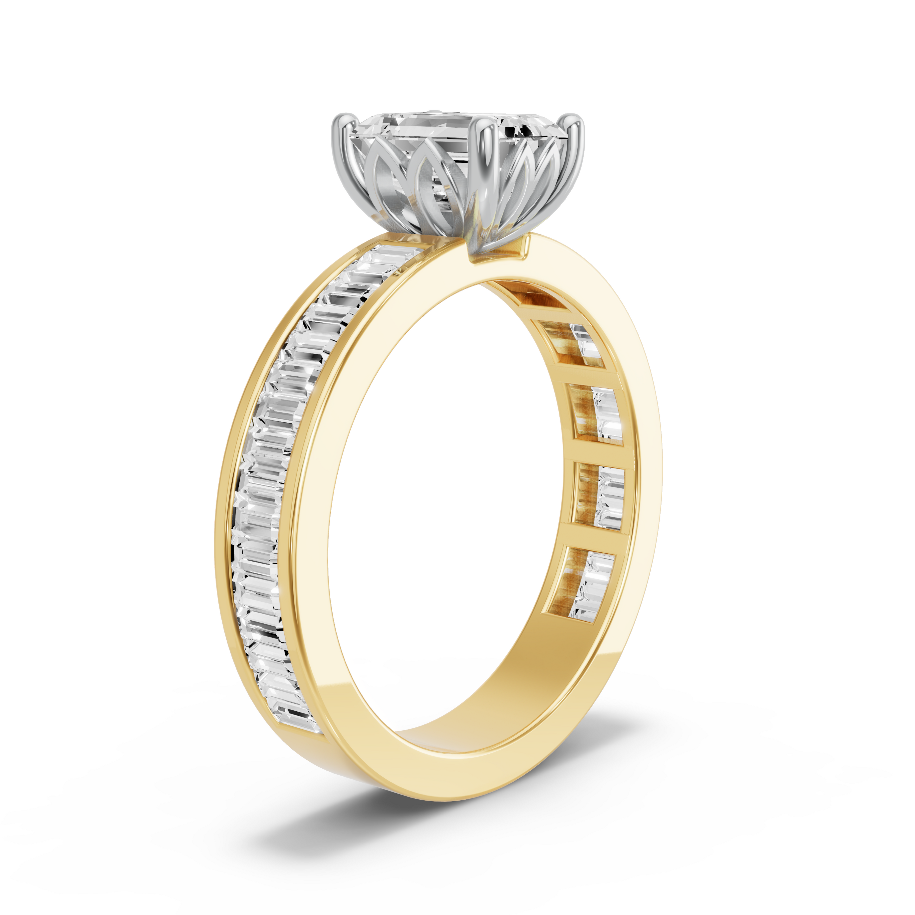 Image for Emerald Lotus Basket Ring with Baguette Channel band in 14K Two Tone Yellow Gold
