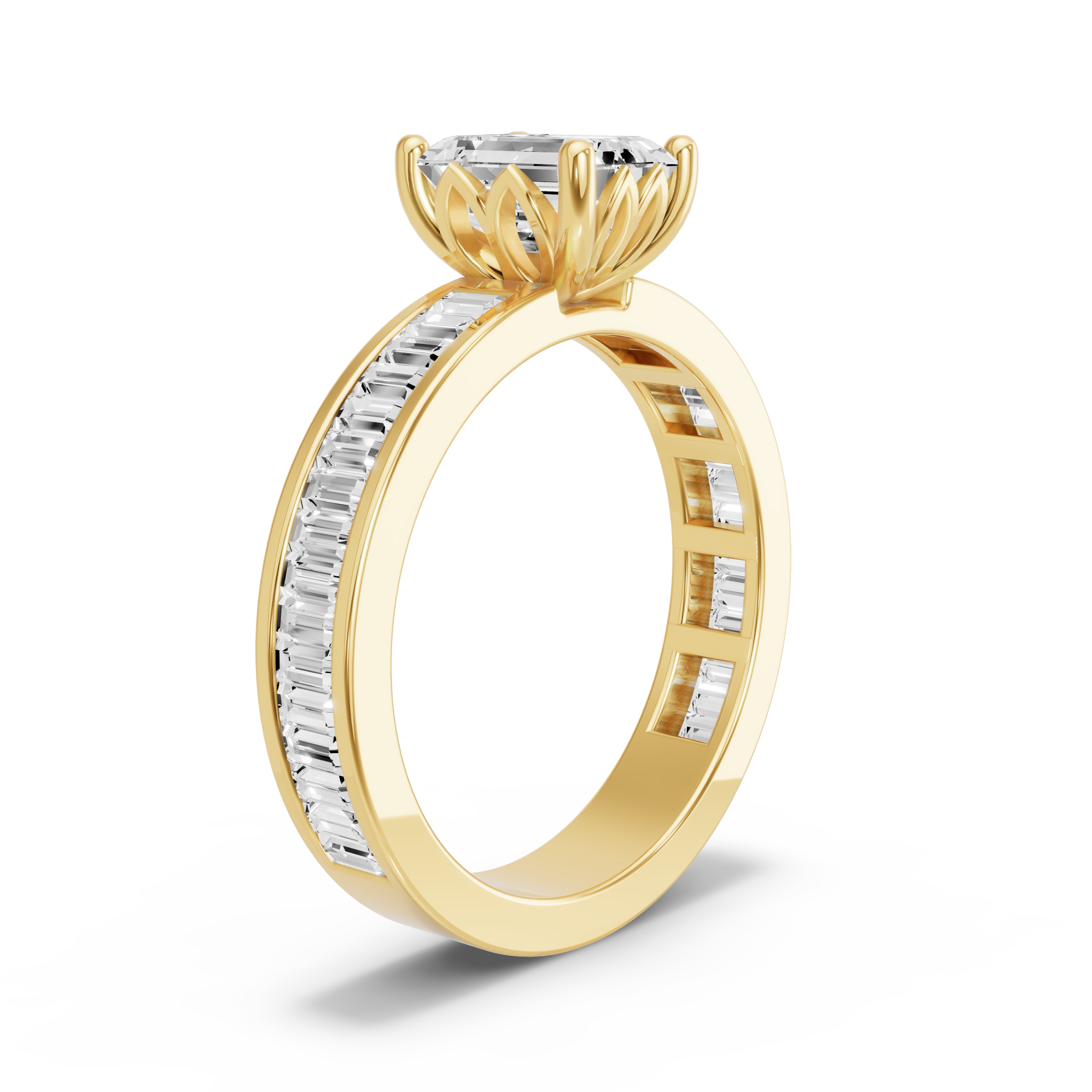 Image for Emerald Lotus Basket Ring with Baguette Channel band in 14K Yellow Gold