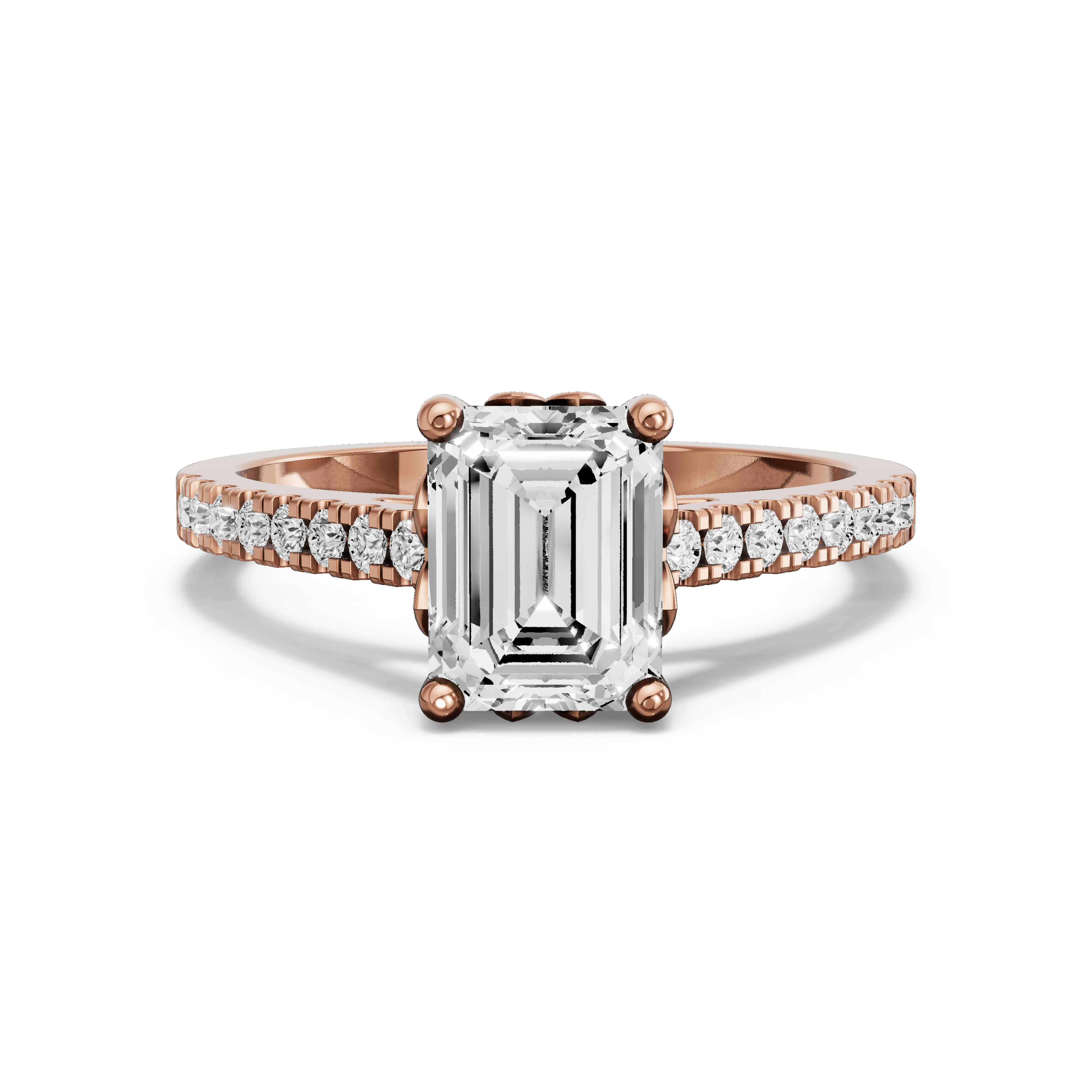 Image for Emerald Lotus Basket Ring with Cathedral Pave band in 10K Rose Gold
