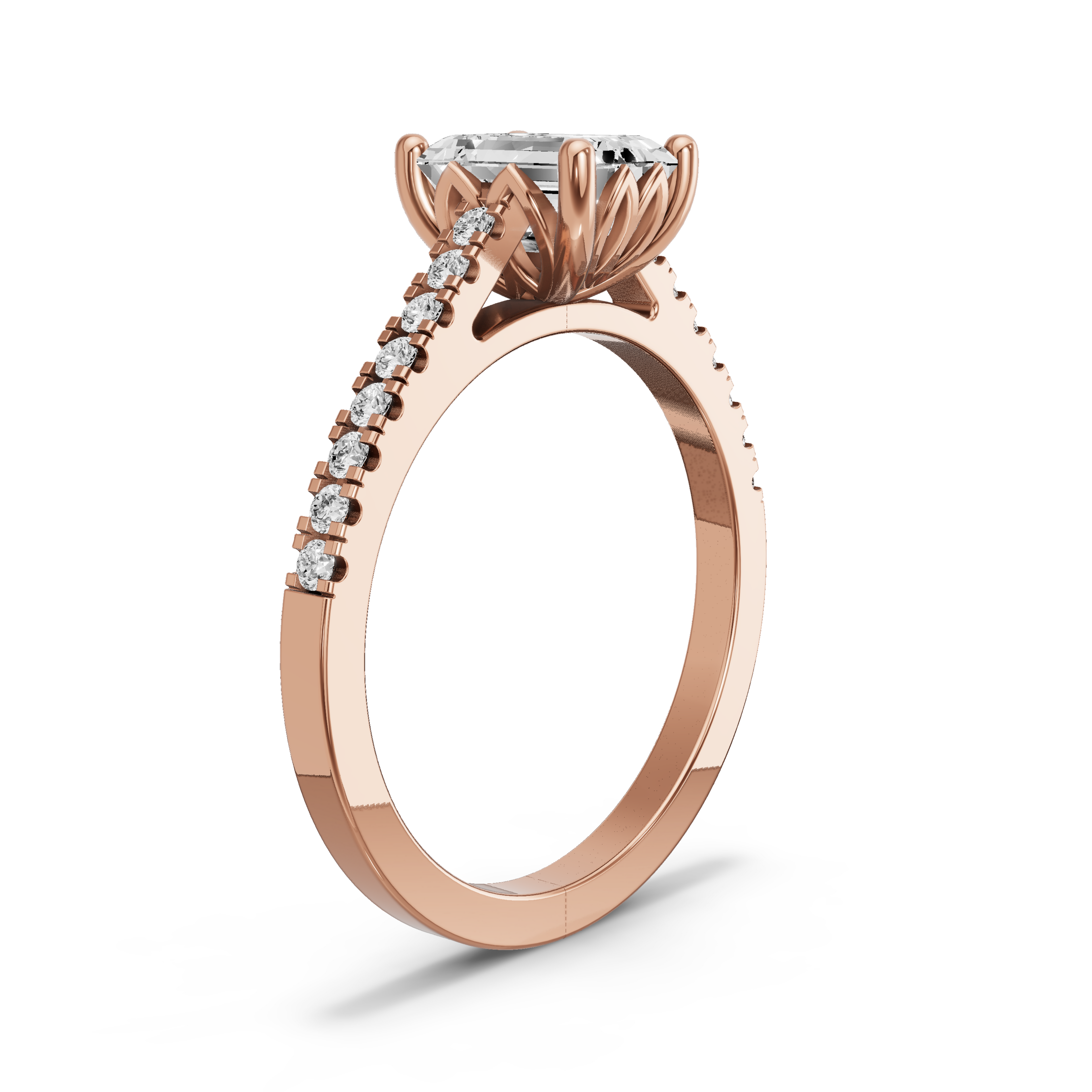 Image for Emerald Lotus Basket Ring with Cathedral Pave band in 10K Rose Gold