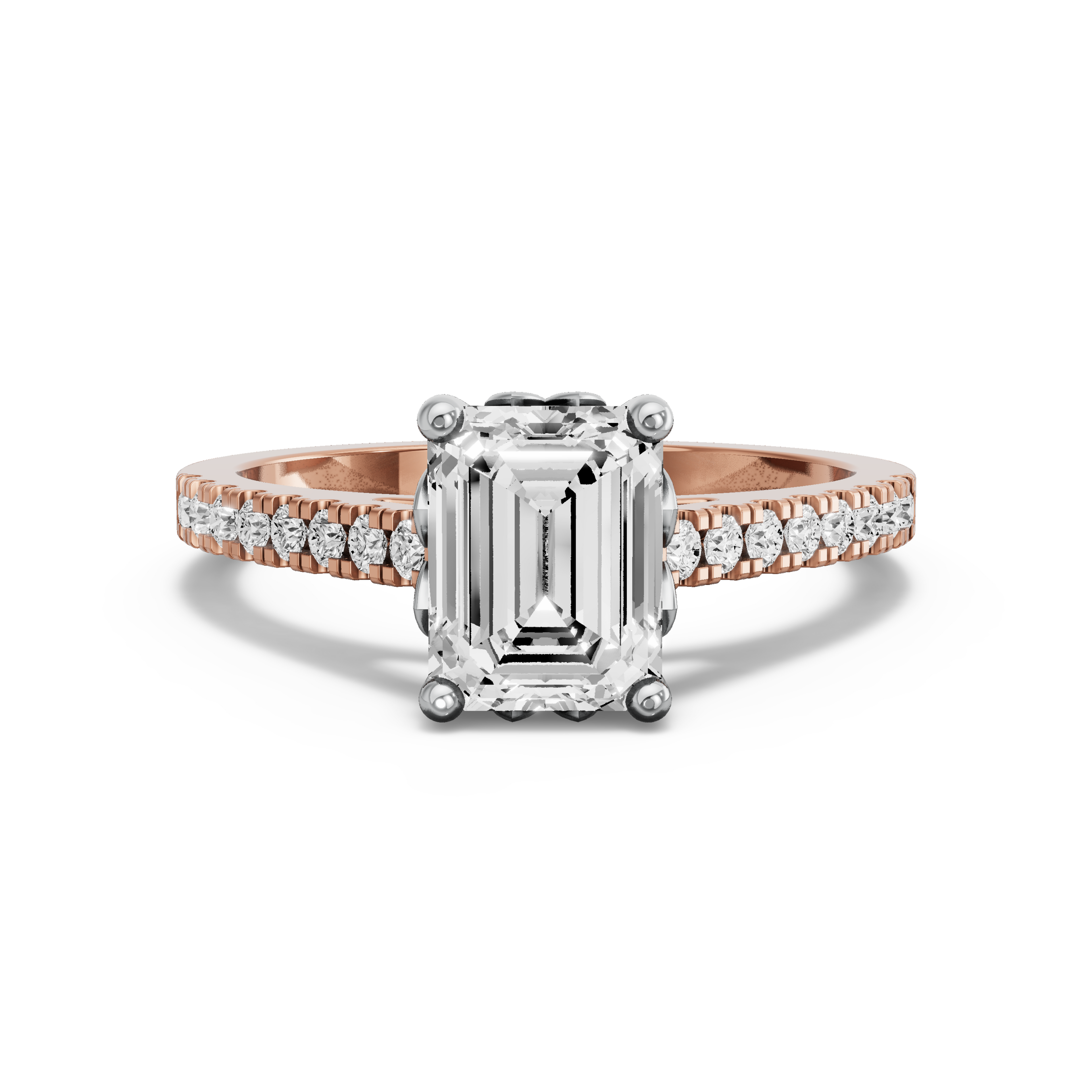 Image for Emerald Lotus Basket Ring with Cathedral Pave band in 18K Two Tone Rose Gold
