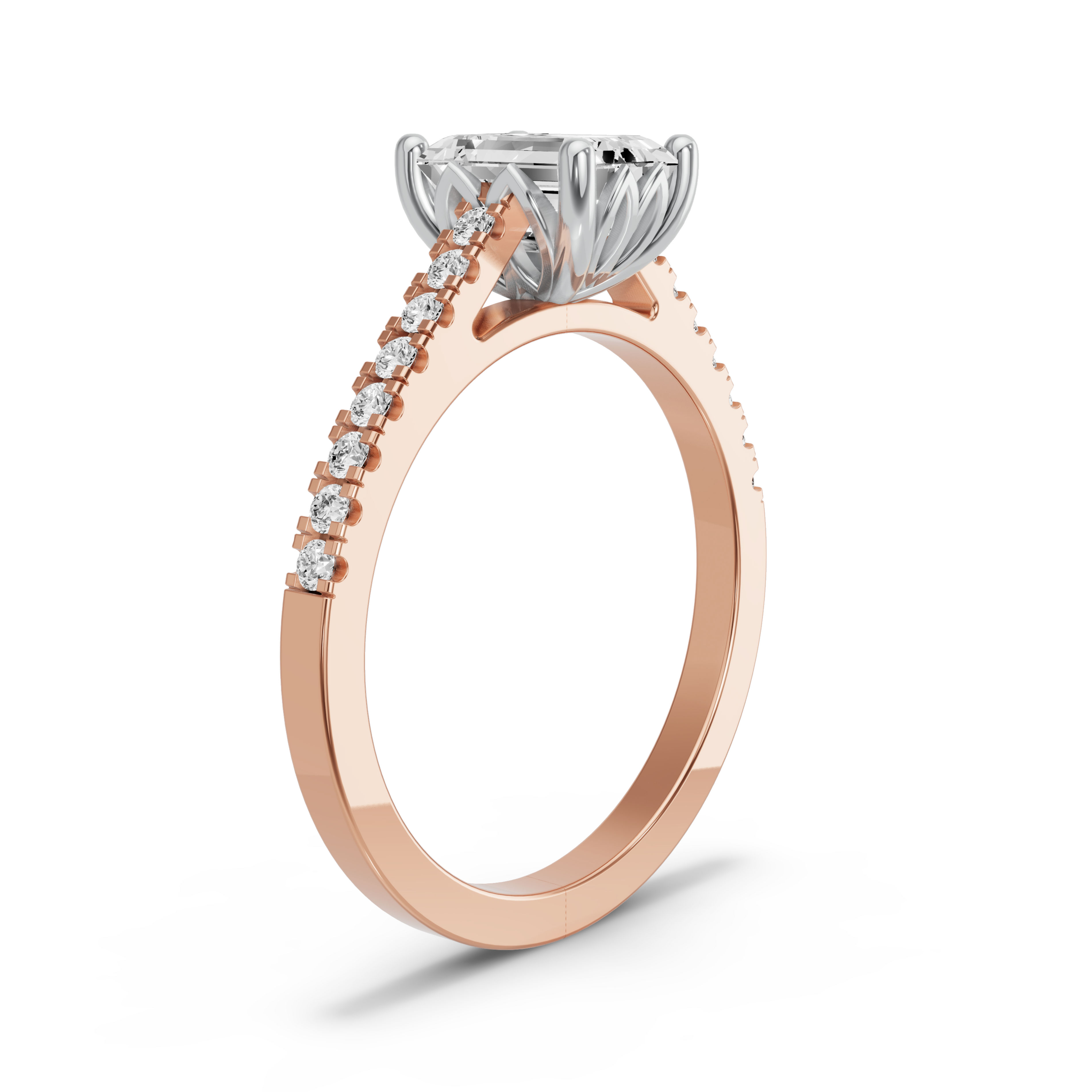 Image for Emerald Lotus Basket Ring with Cathedral Pave band in 18K Two Tone Rose Gold