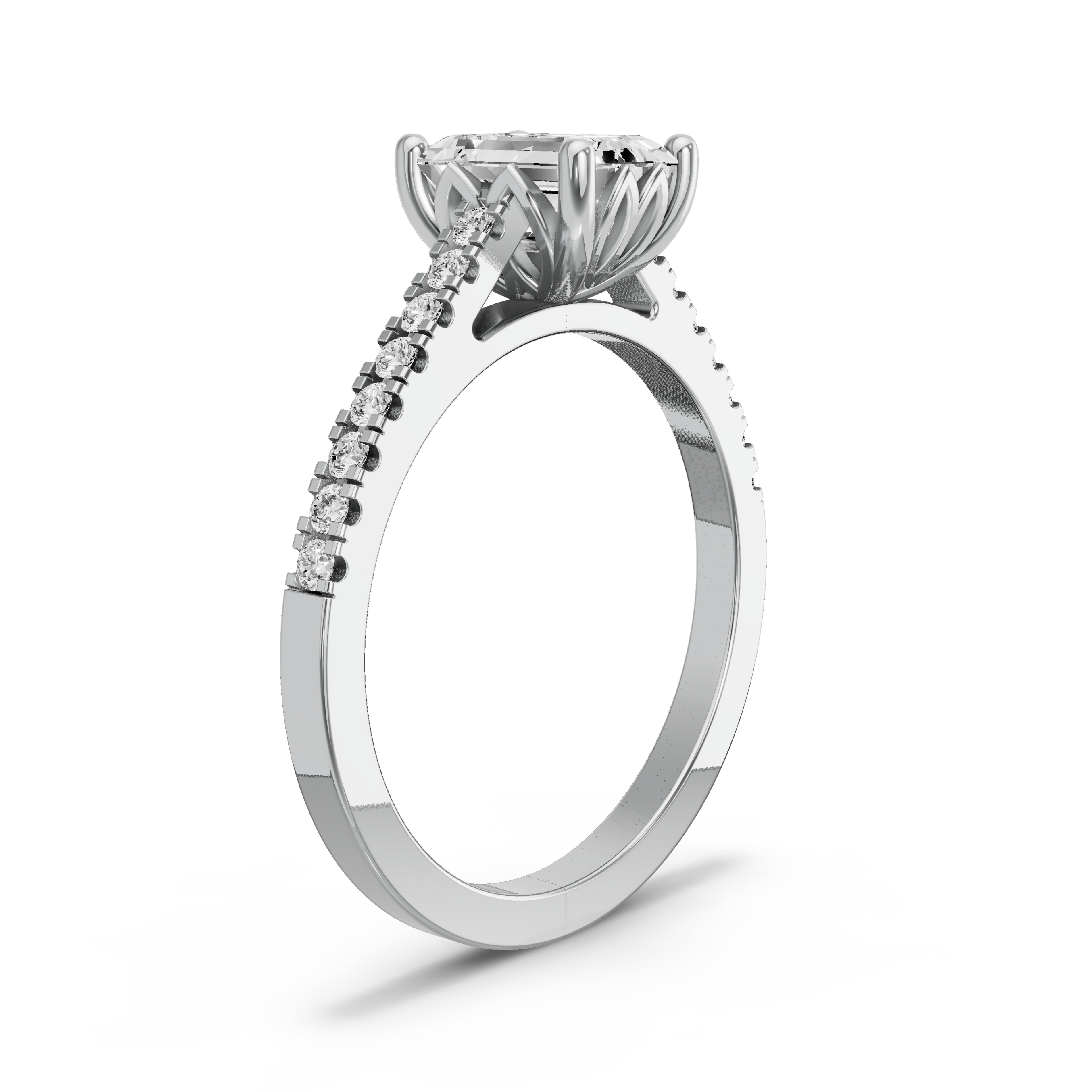 Image for Emerald Lotus Basket Ring with Cathedral Pave band in 950 Platinum