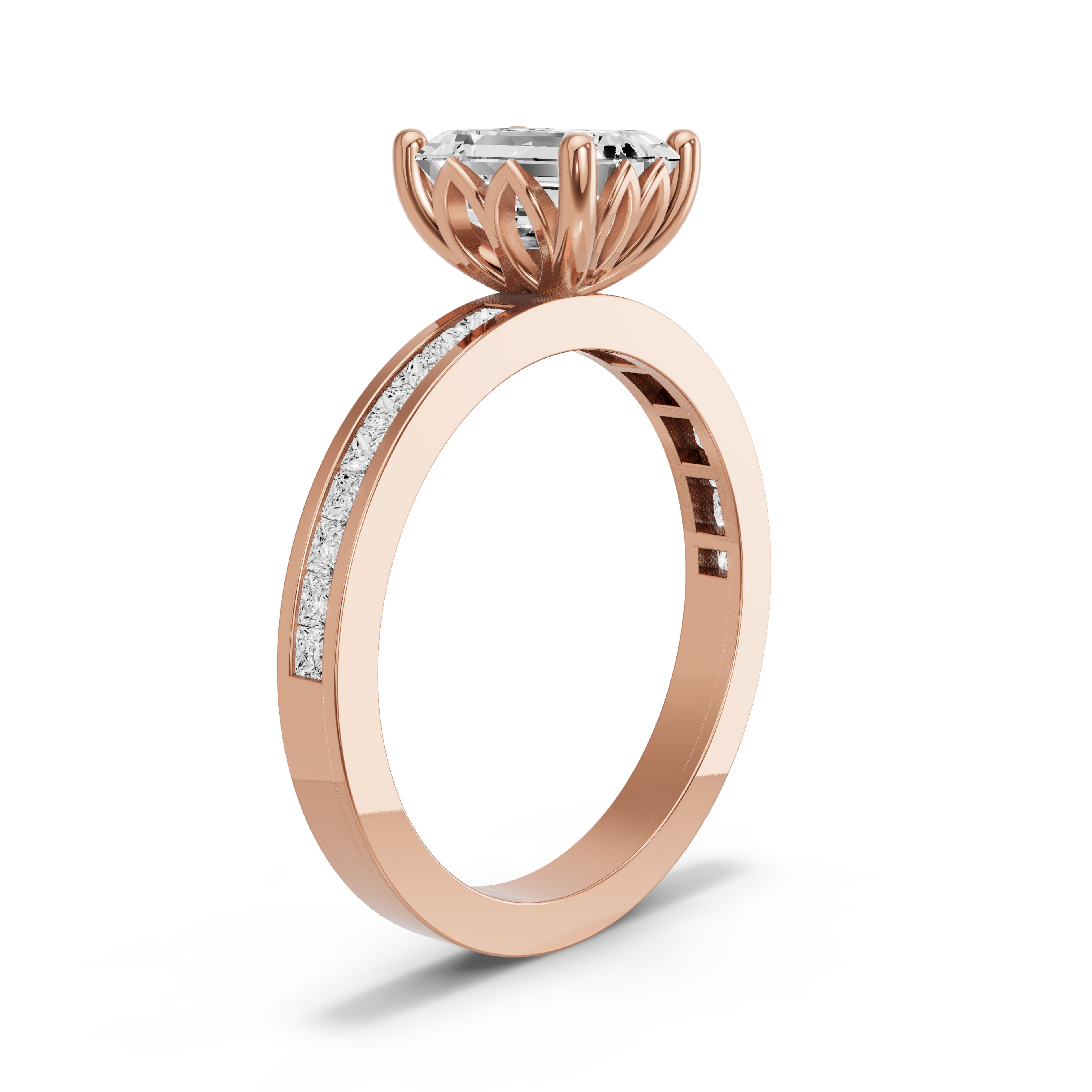 Image for Emerald Lotus Basket Ring with Channel band in 14K Rose Gold