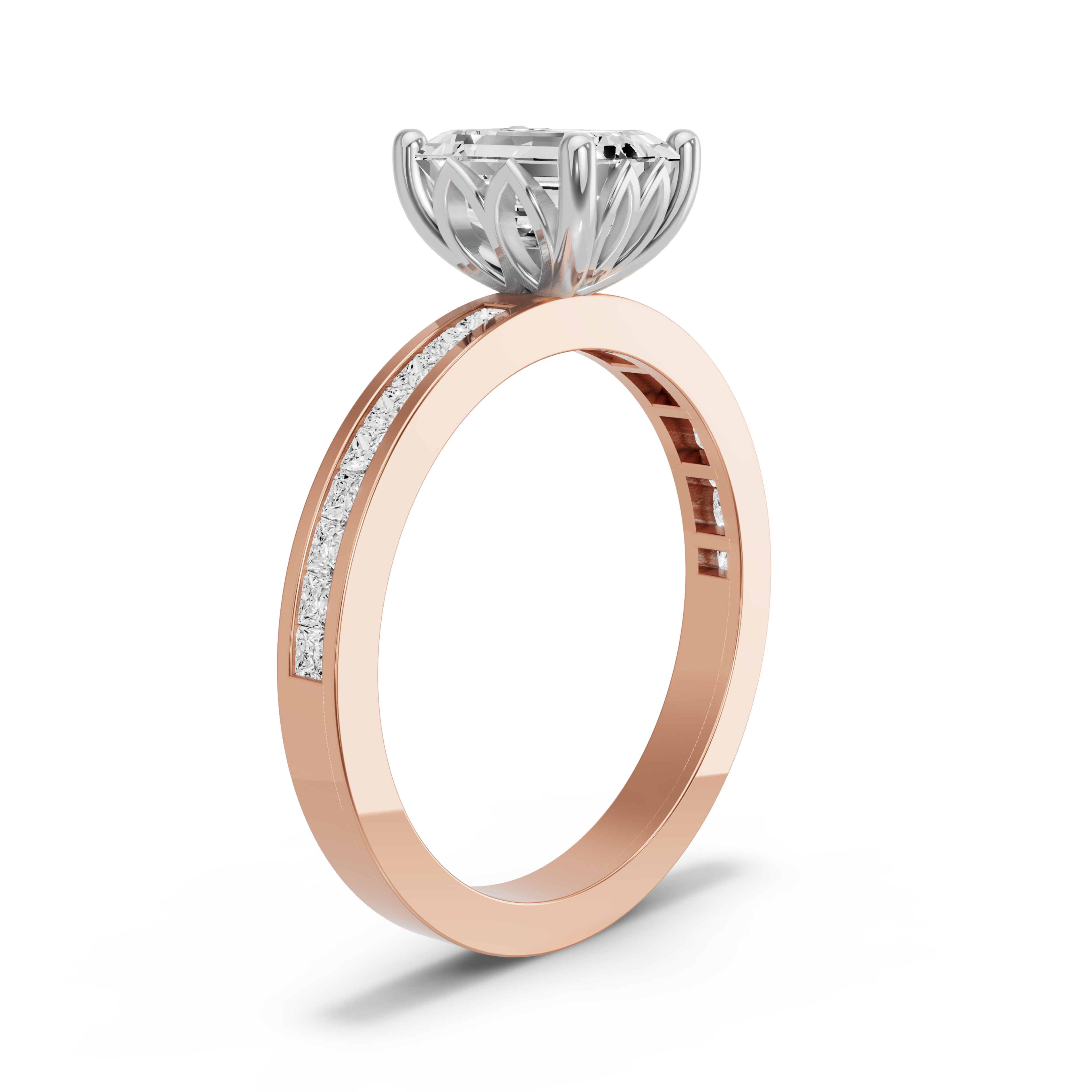 Image for Emerald Lotus Basket Ring with Channel band in 18K Two Tone Rose Gold
