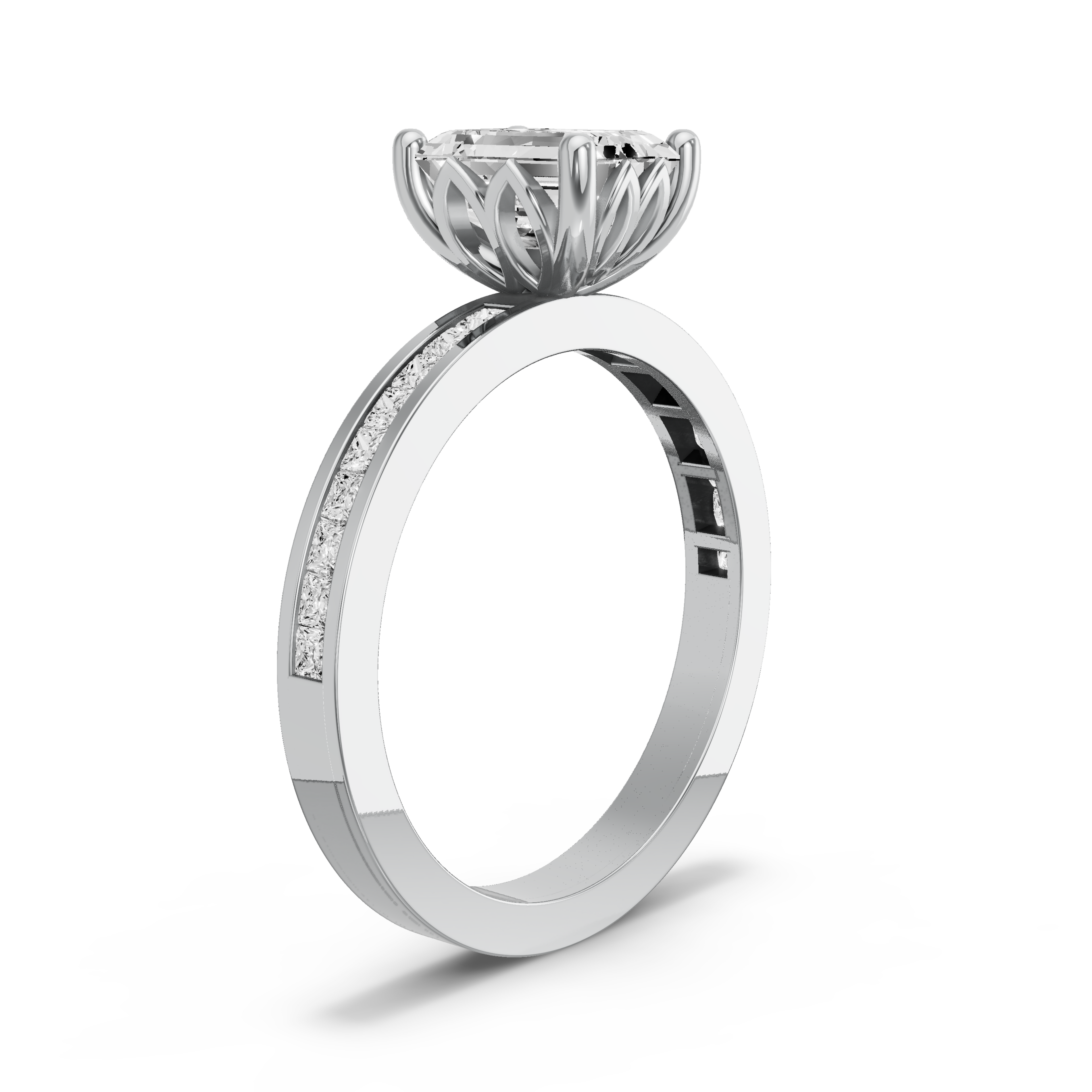 Image for Emerald Lotus Basket Ring with Channel band in 10K White Gold