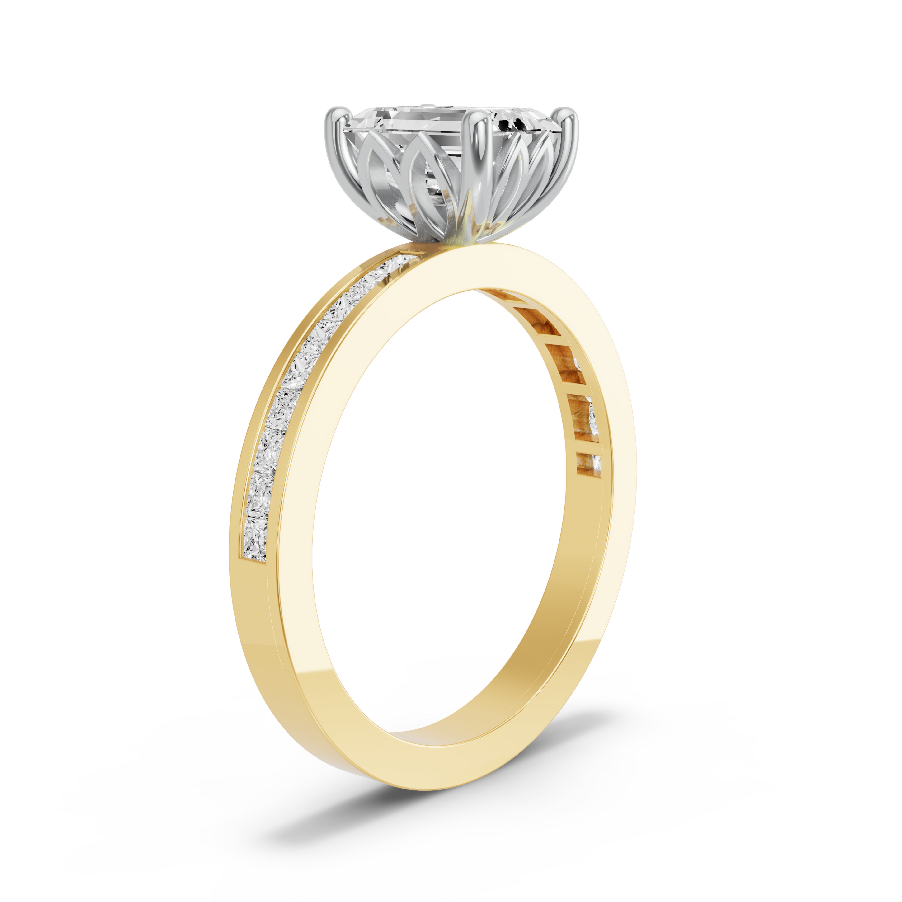 Image for Emerald Lotus Basket Ring with Channel band in 10K Two Tone Yellow Gold