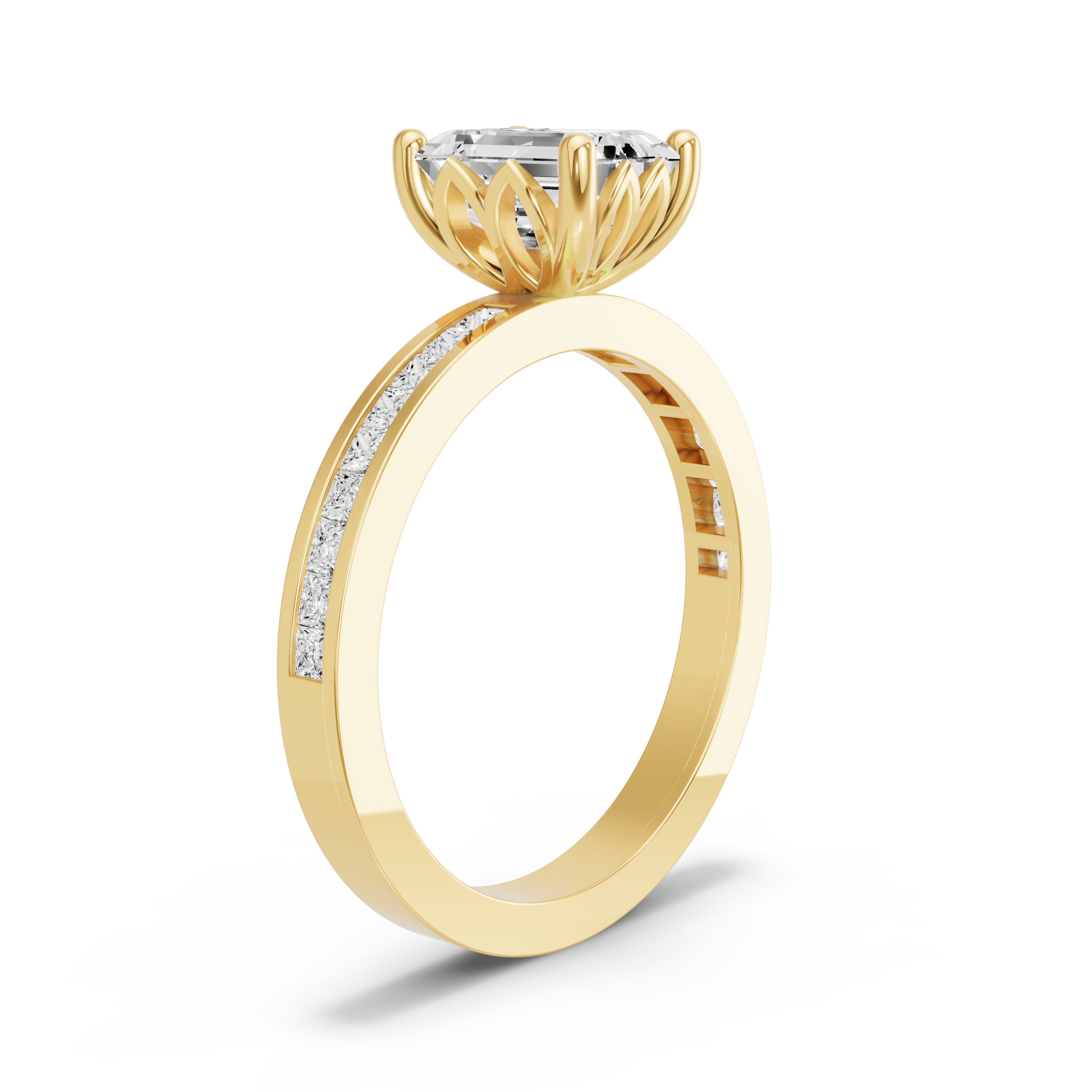 Image for Emerald Lotus Basket Ring with Channel band in 10K Yellow Gold