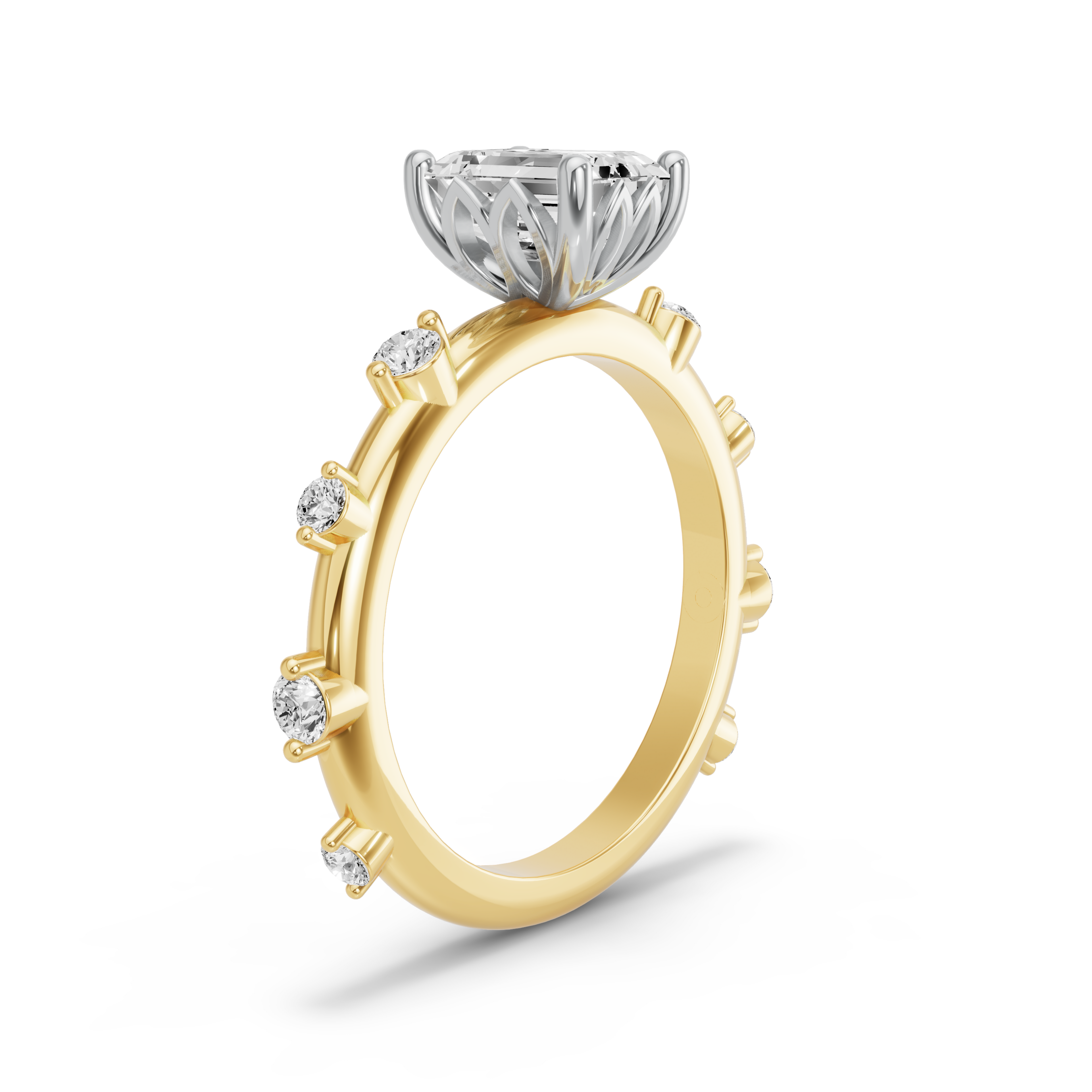 Image for Emerald Lotus Basket Ring with Floating Station band in 10K Two Tone Yellow Gold