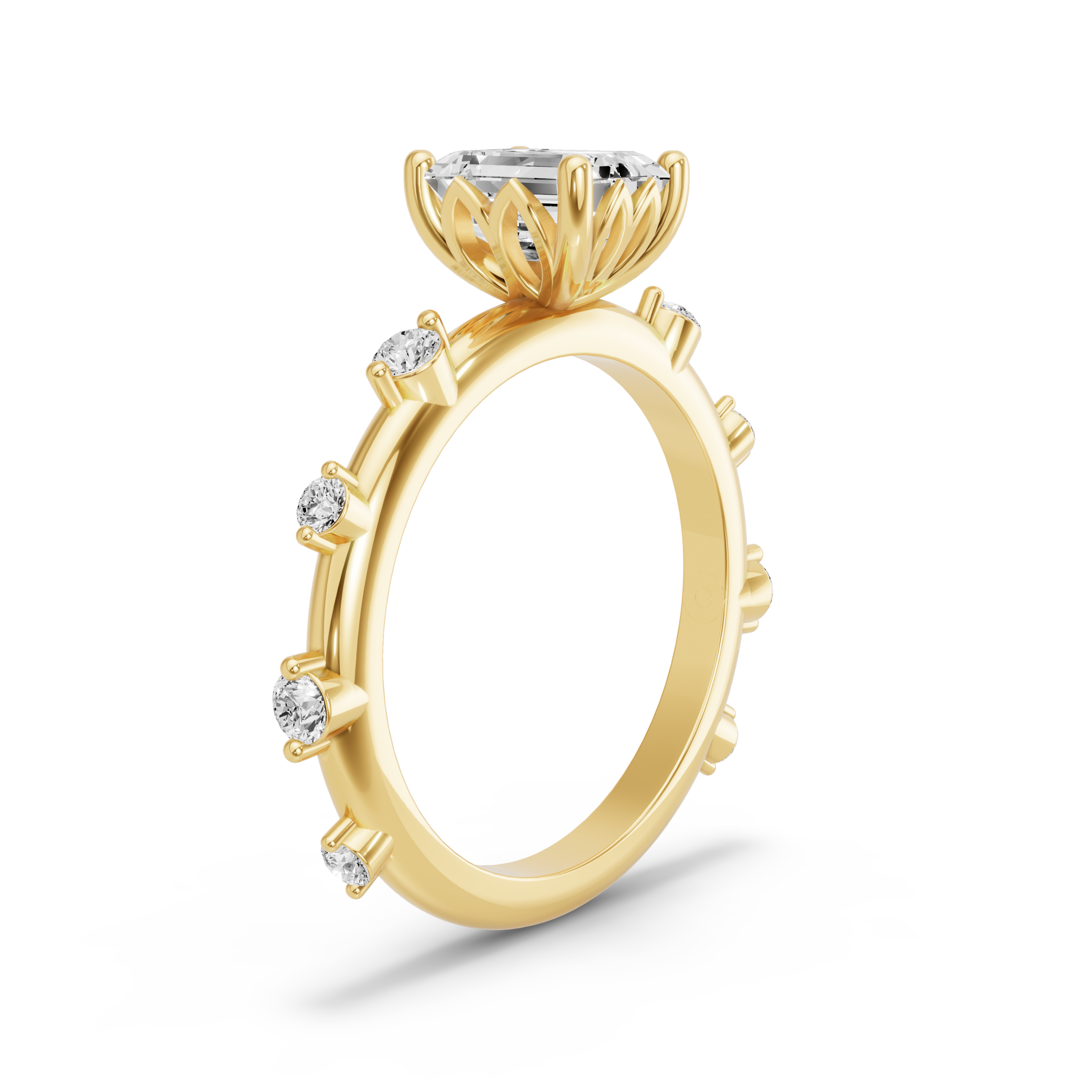 Image for Emerald Lotus Basket Ring with Floating Station band in 14K Yellow Gold