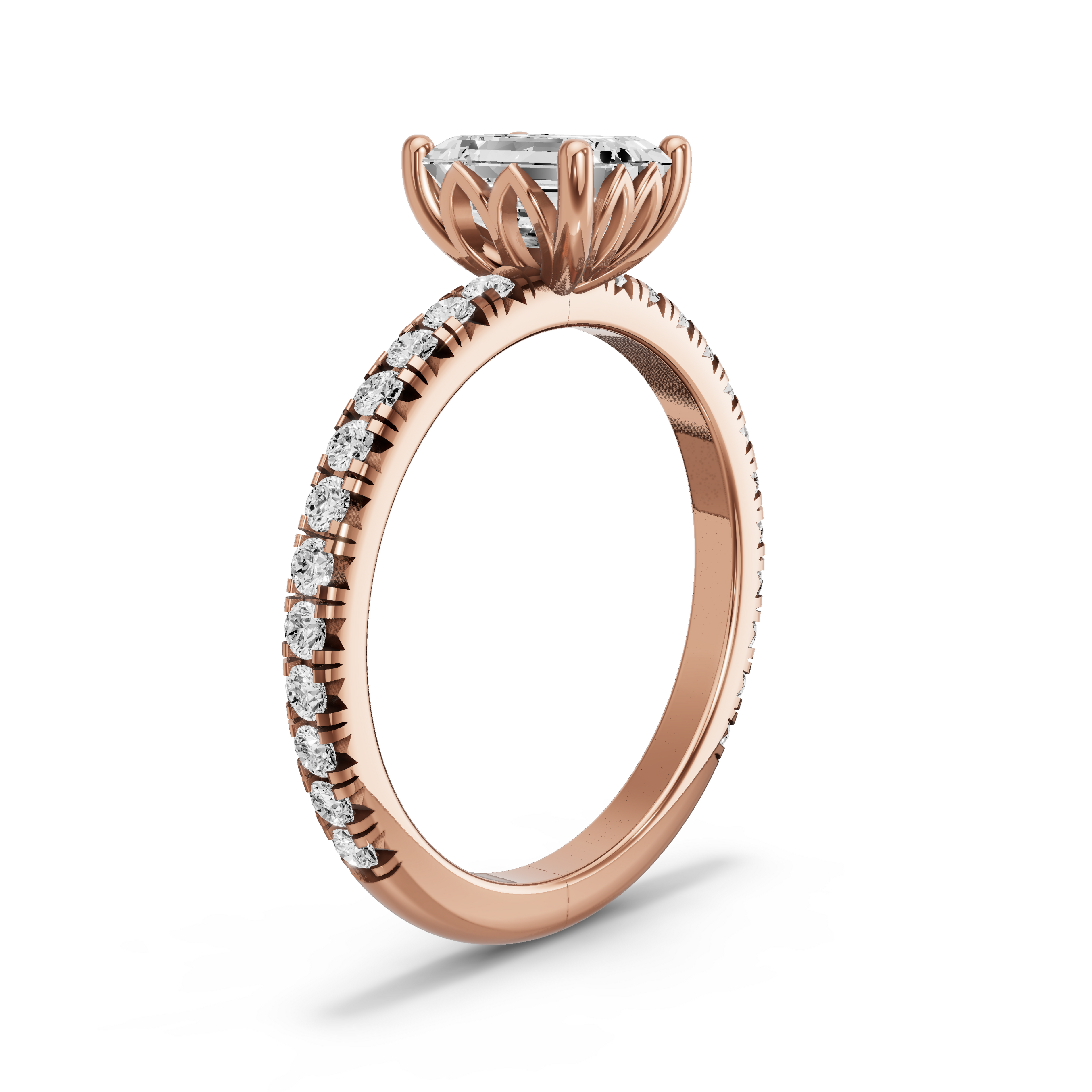 Image for Emerald Lotus Basket Ring with French Pave band in 10K Rose Gold