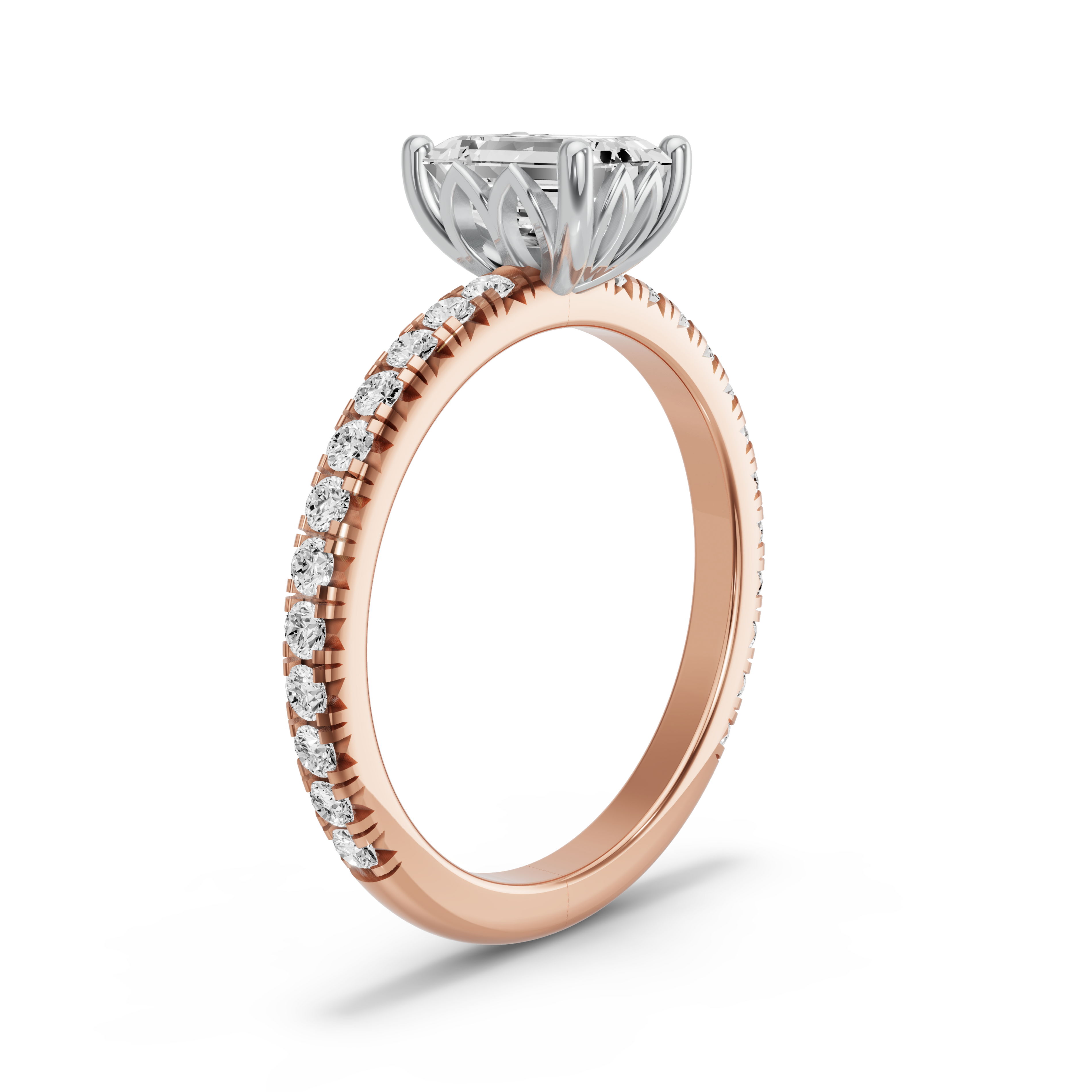 Image for Emerald Lotus Basket Ring with French Pave band in 14K Two Tone Rose Gold