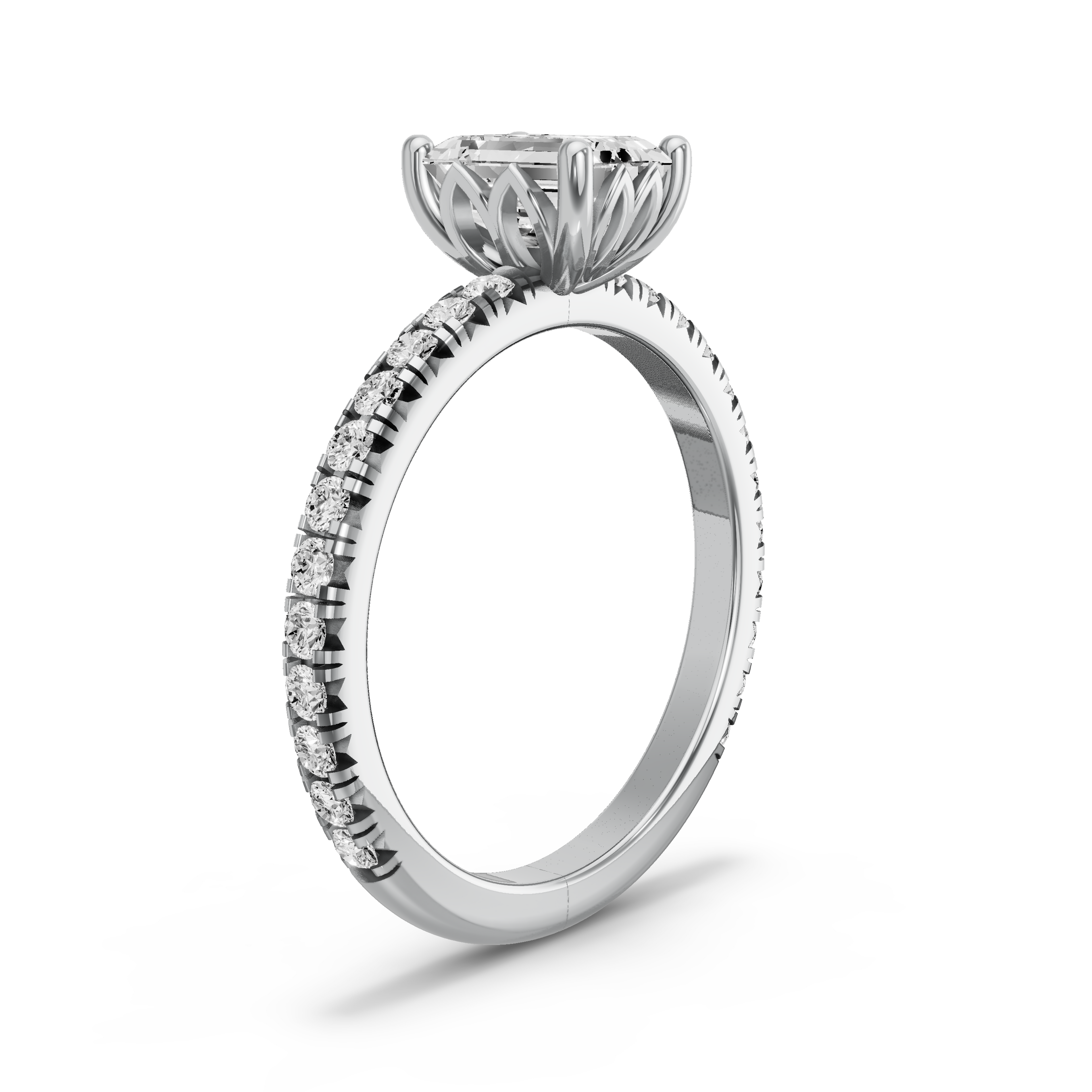 Image for Emerald Lotus Basket Ring with French Pave band in 10K White Gold