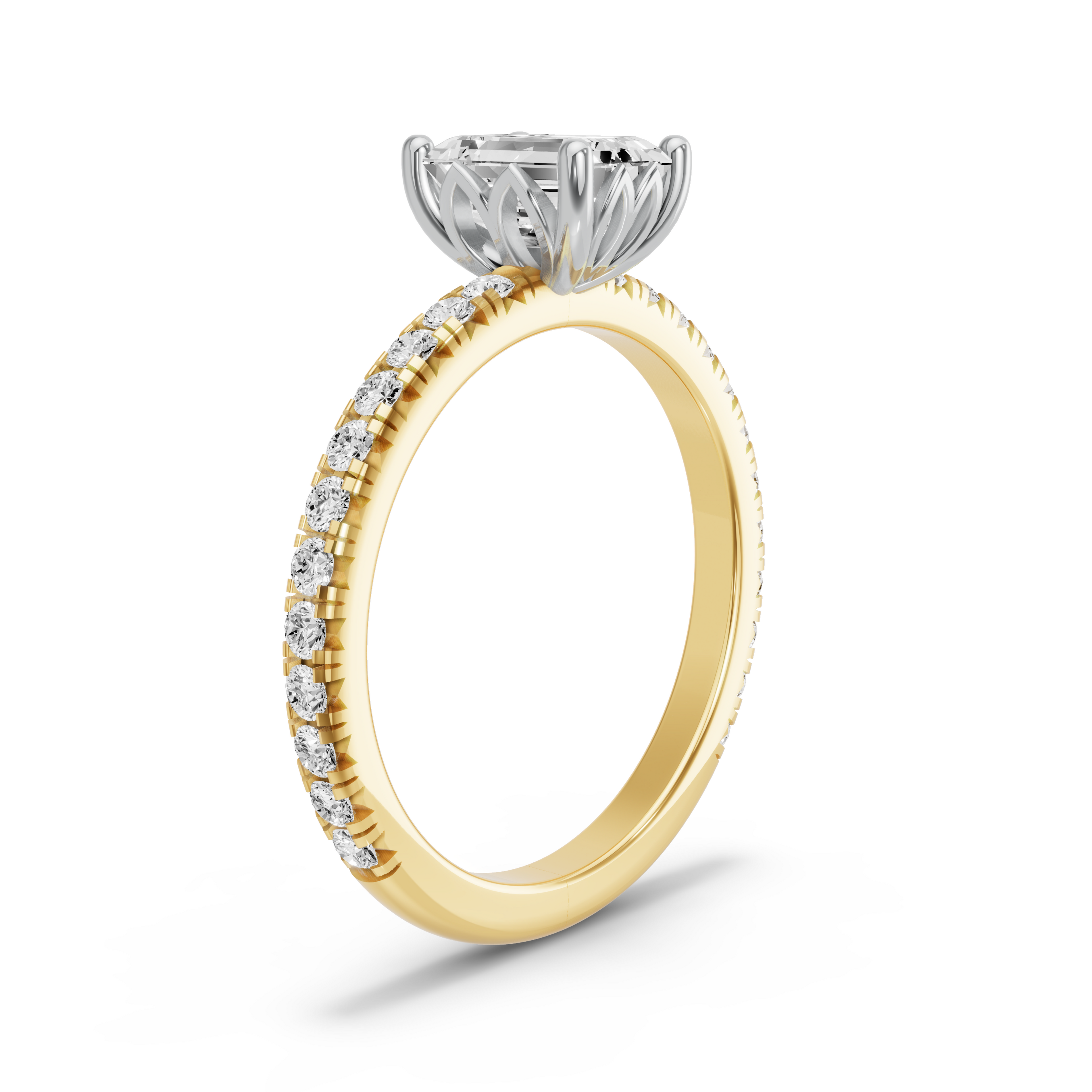 Image for Emerald Lotus Basket Ring with French Pave band in 10K Two Tone Yellow Gold