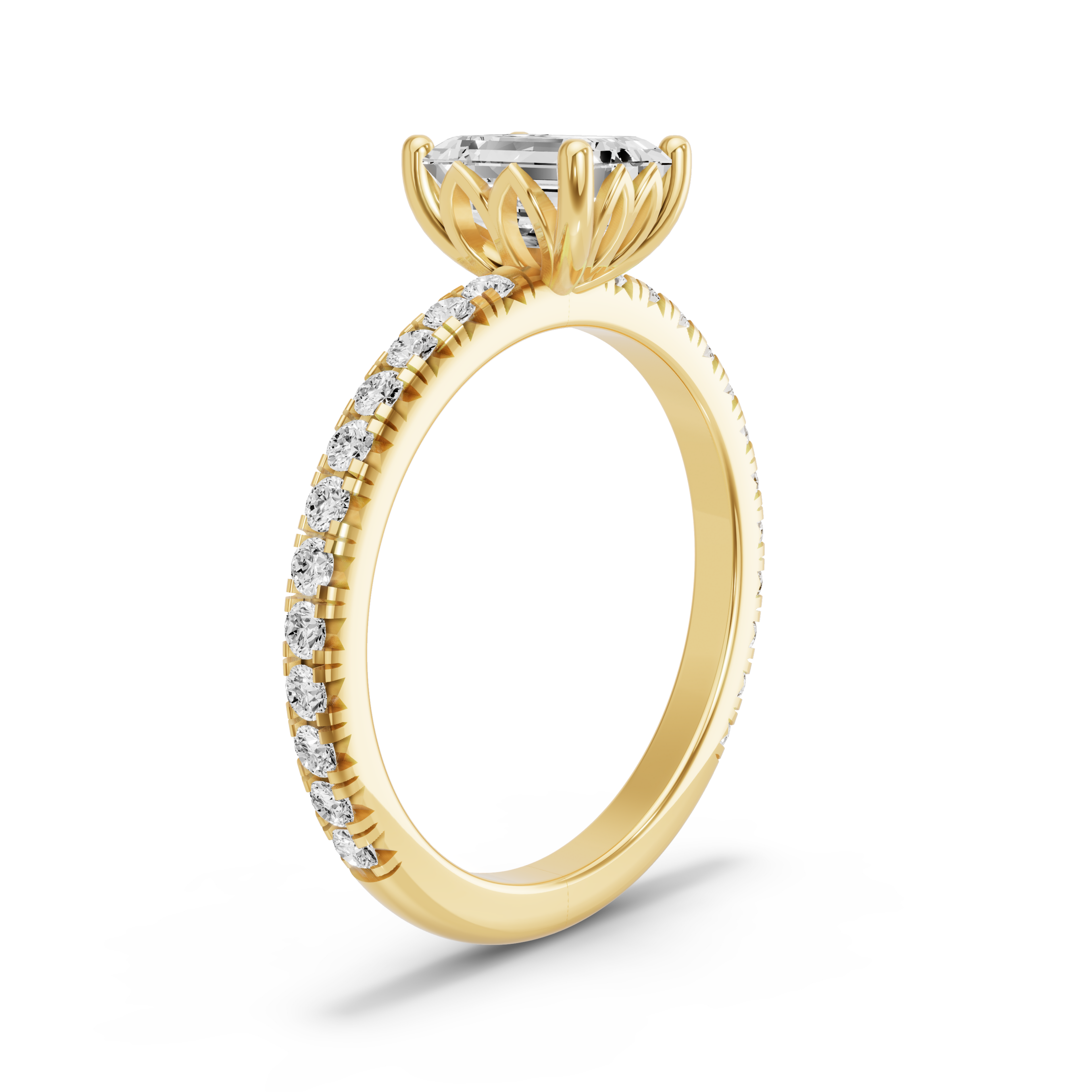 Image for Emerald Lotus Basket Ring with French Pave band in 14K Yellow Gold