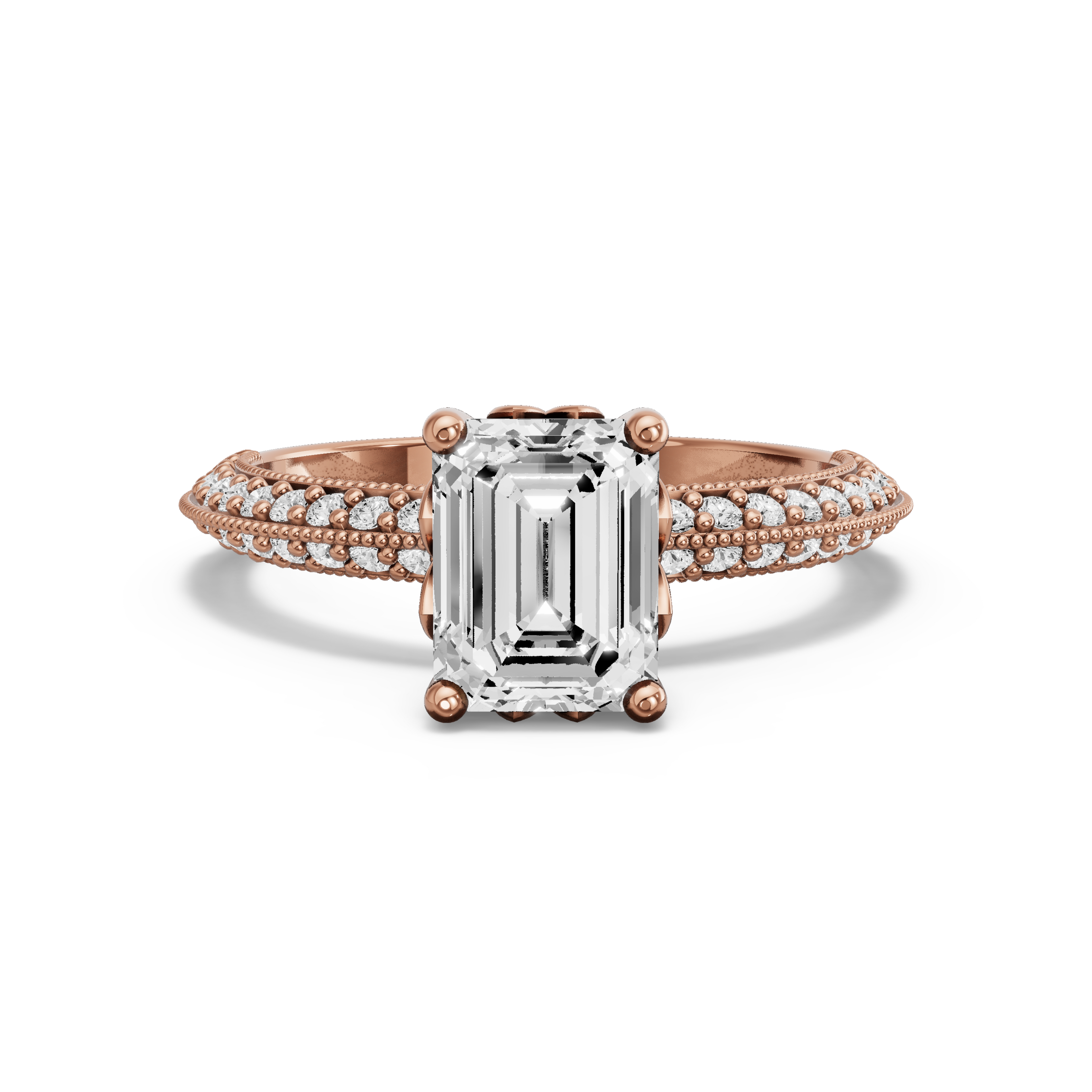 Image for Emerald Lotus Basket Ring with Knife Edge Pave band in 18K Rose Gold