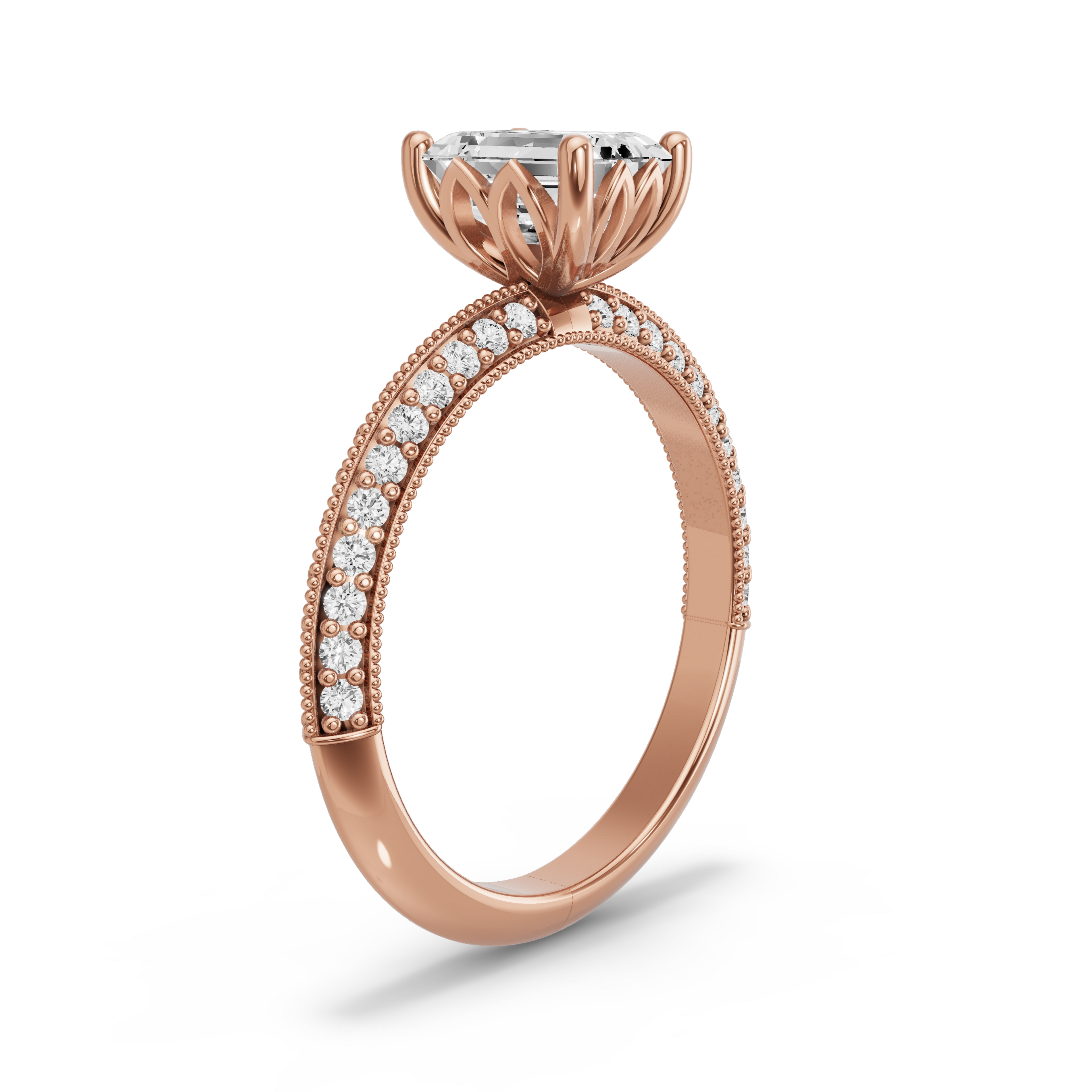 Image for Emerald Lotus Basket Ring with Knife Edge Pave band in 18K Rose Gold