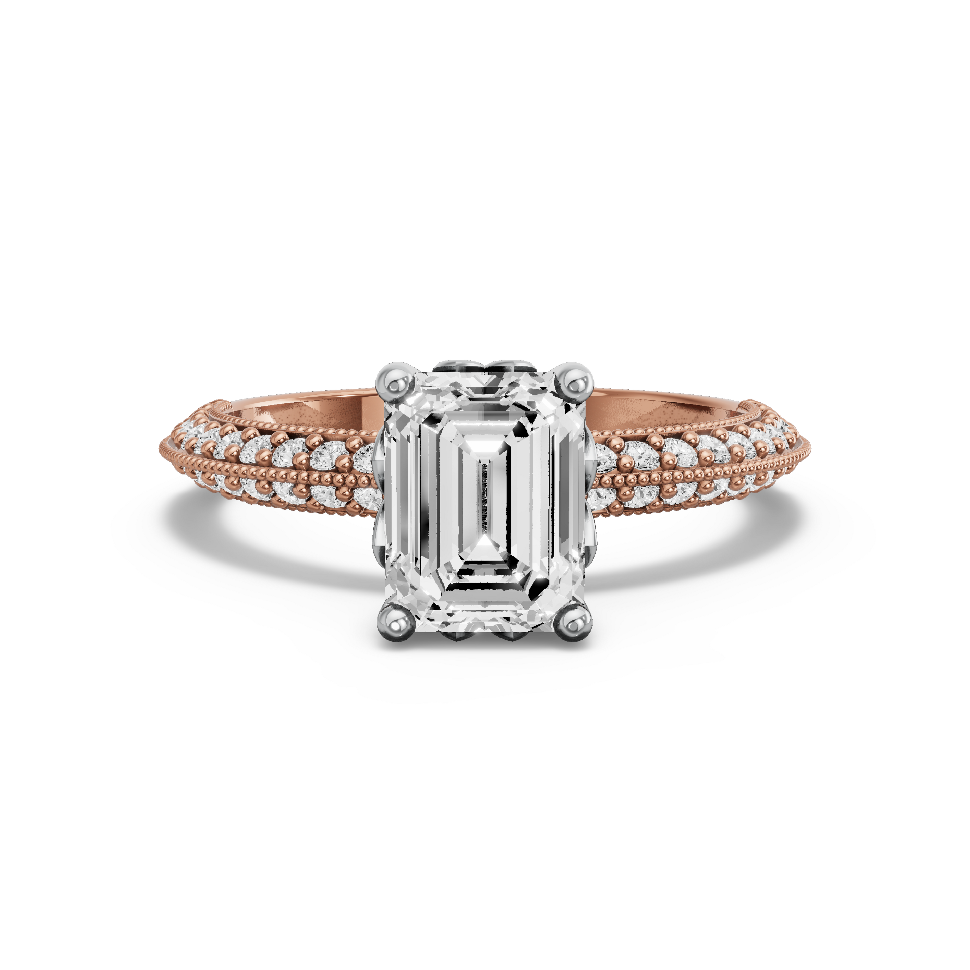 Image for Emerald Lotus Basket Ring with Knife Edge Pave band in 14K Two Tone Rose Gold