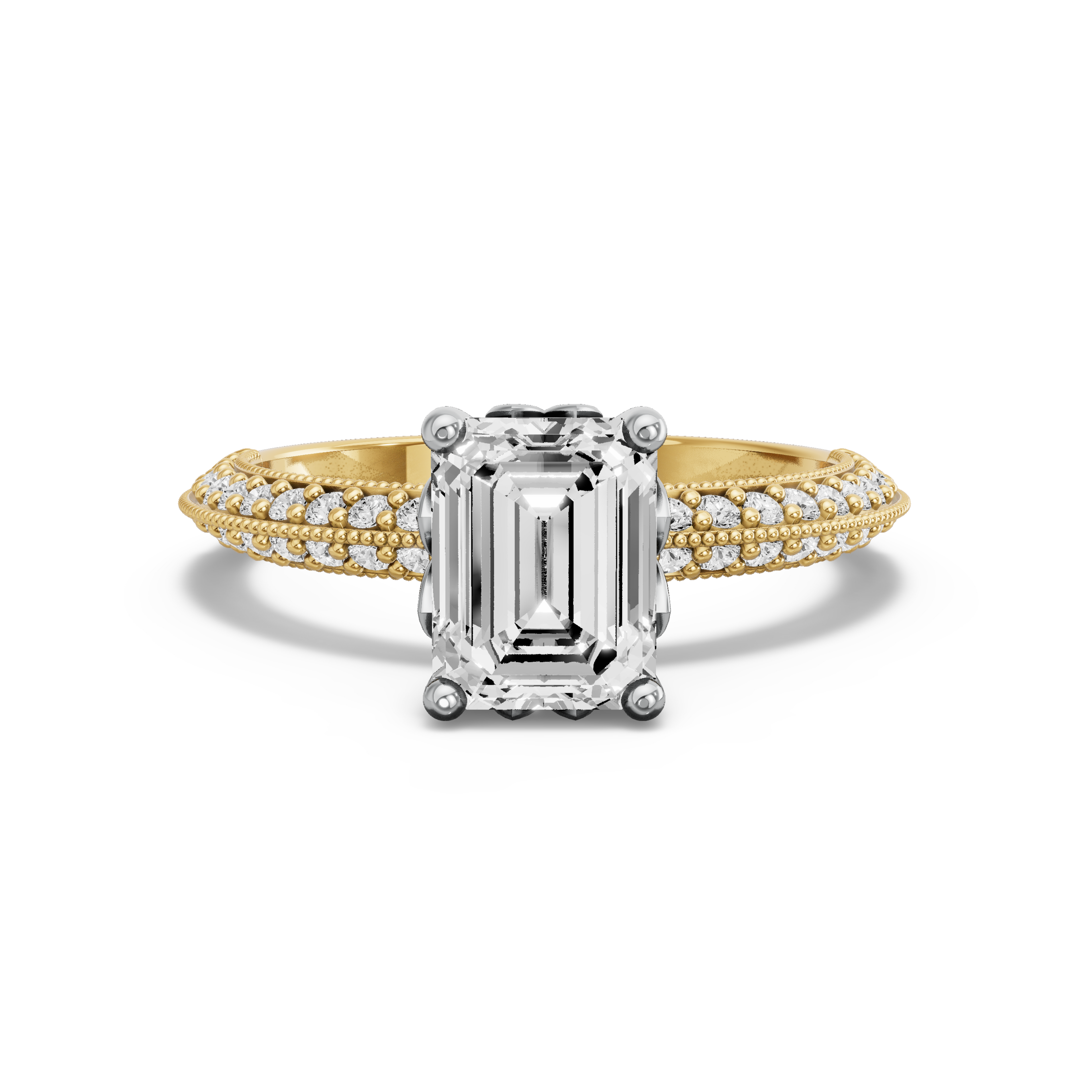 Image for Emerald Lotus Basket Ring with Knife Edge Pave band in 14K Two Tone Yellow Gold