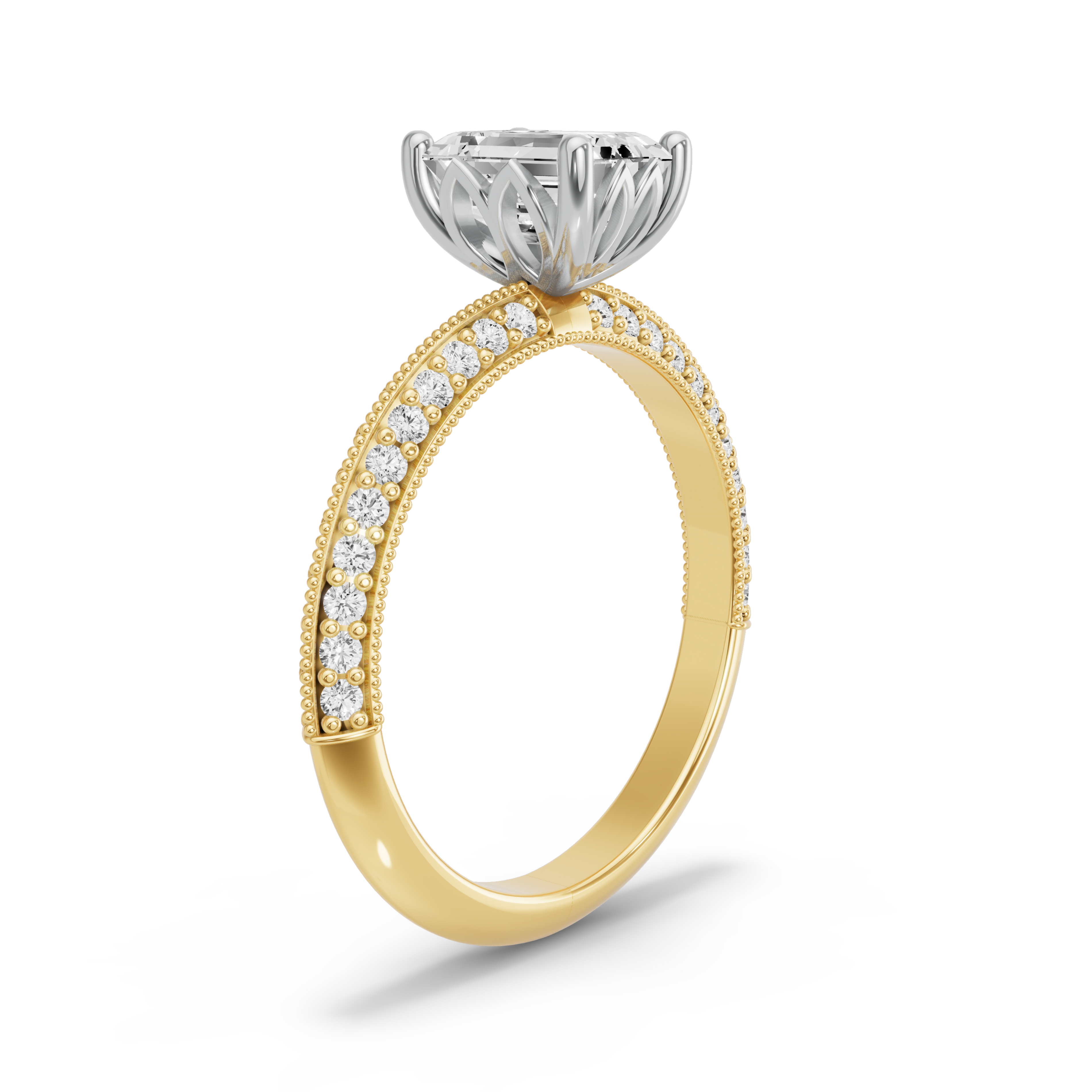 Image for Emerald Lotus Basket Ring with Knife Edge Pave band in 18K Two Tone Yellow Gold