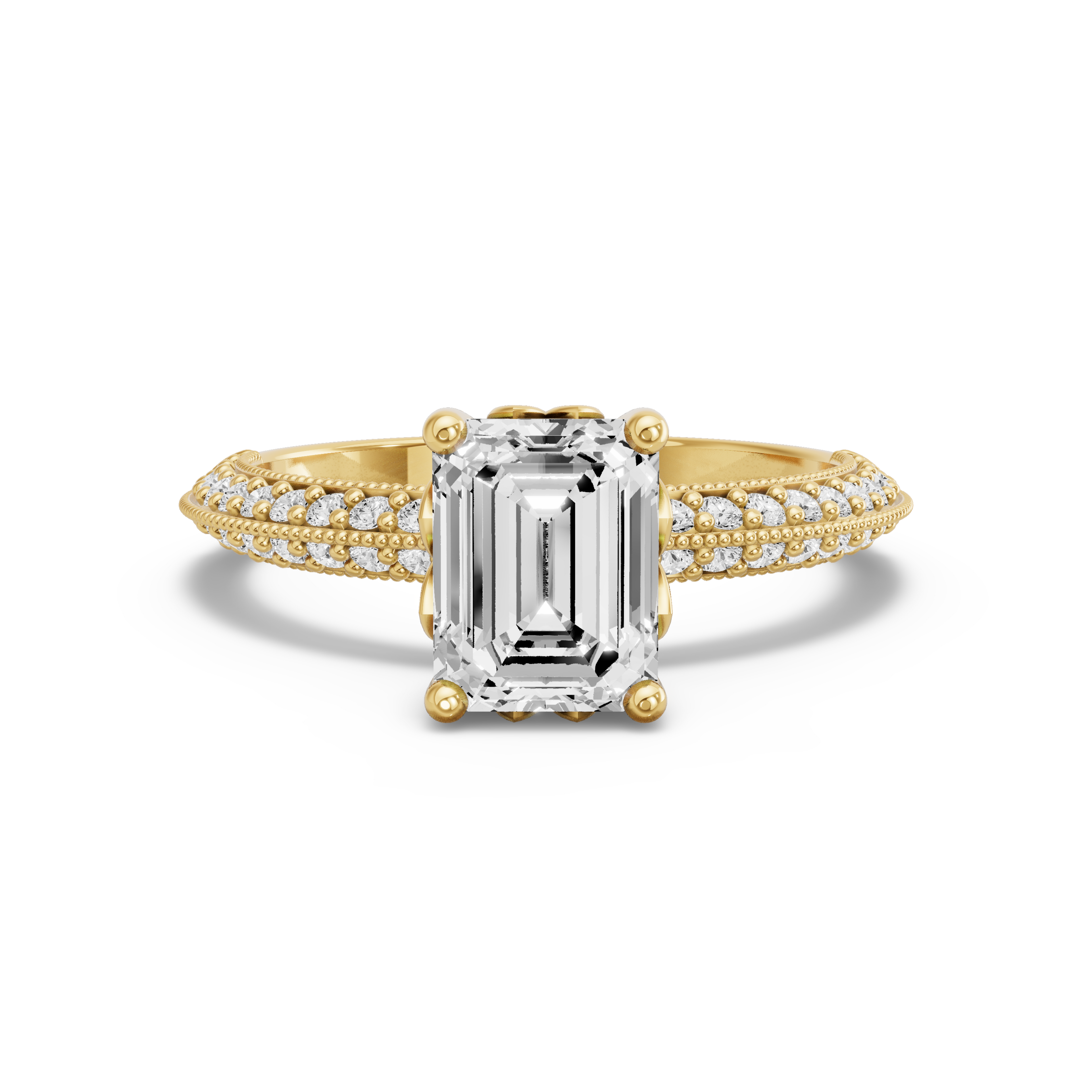 Image for Emerald Lotus Basket Ring with Knife Edge Pave band in 18K Yellow Gold