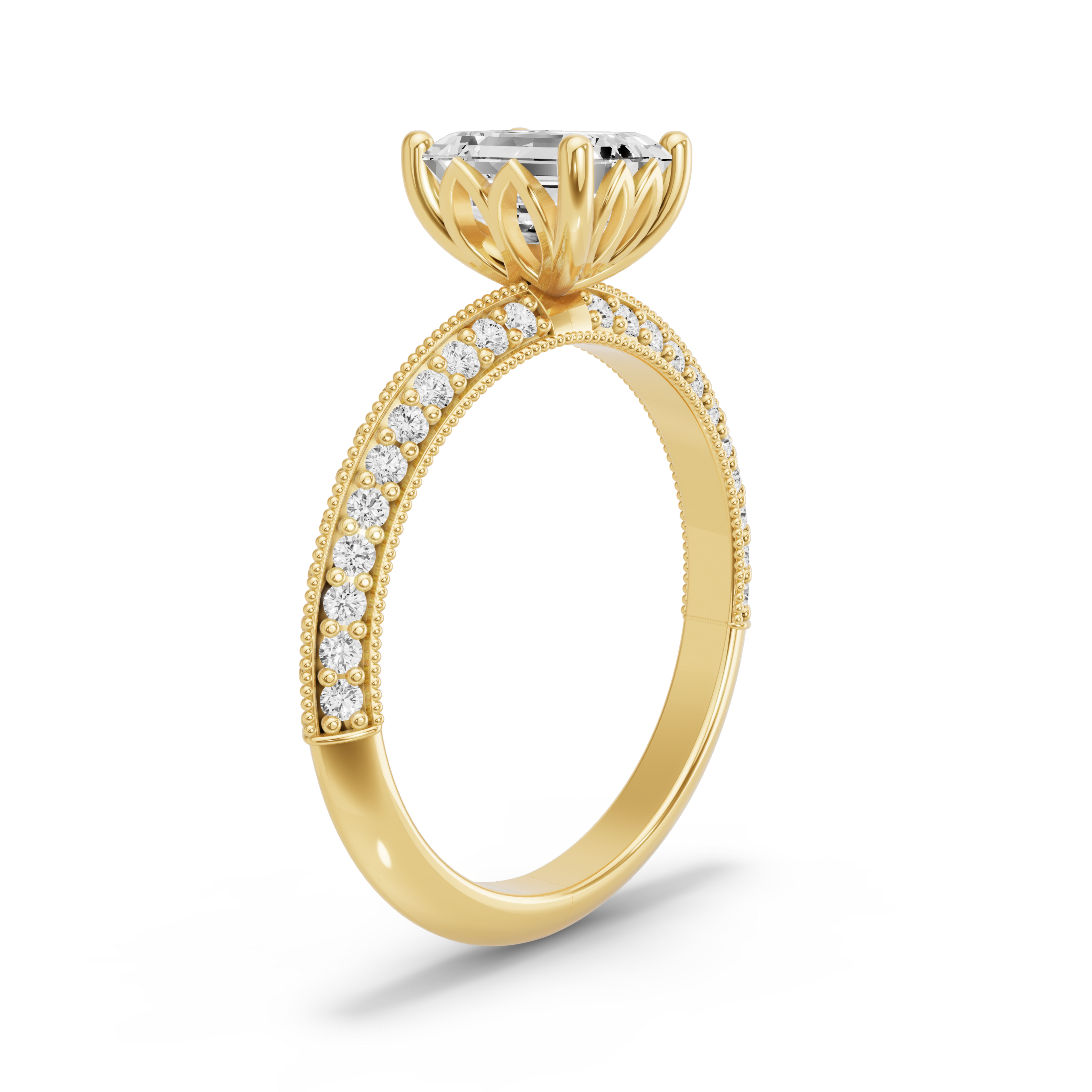 Image for Emerald Lotus Basket Ring with Knife Edge Pave band in 18K Yellow Gold