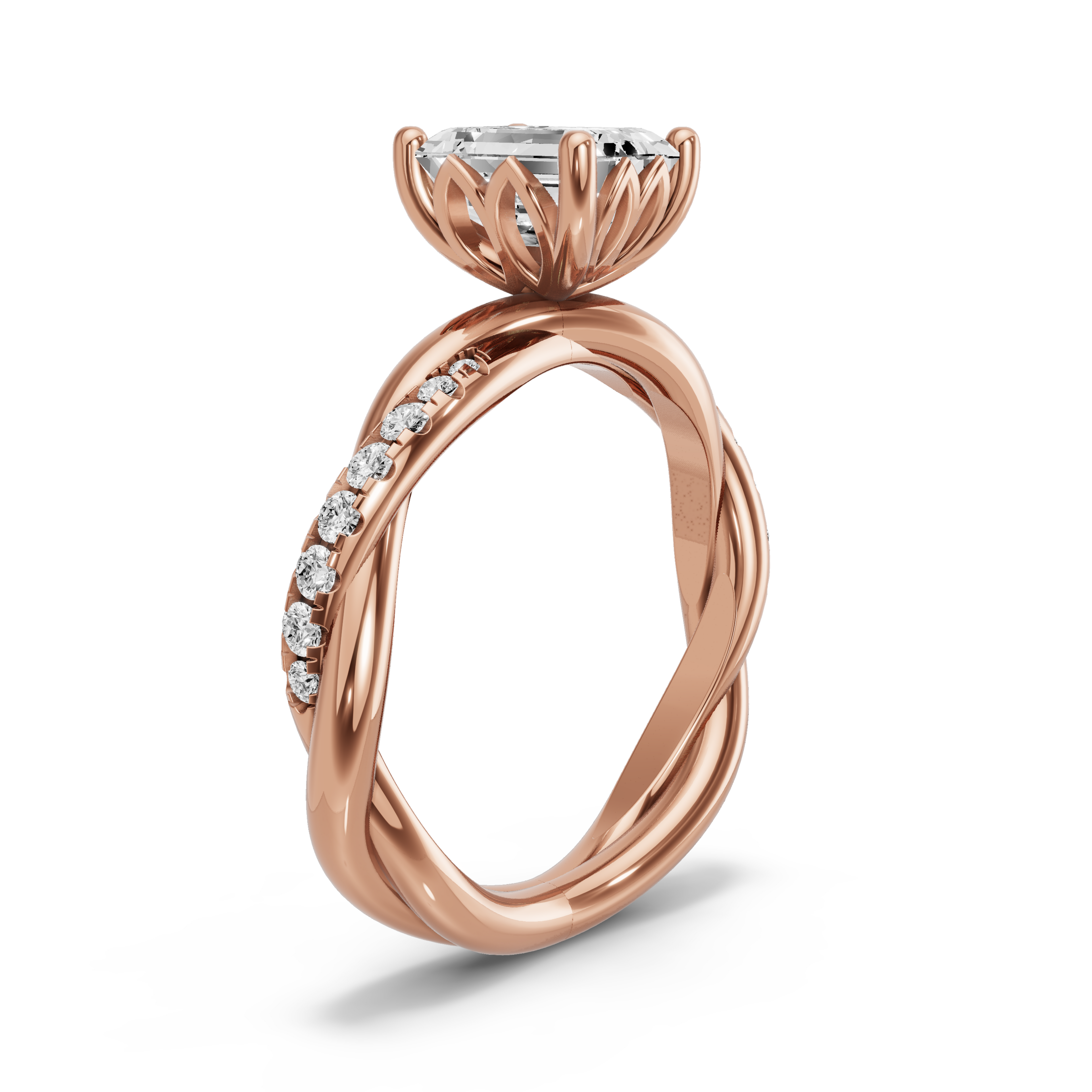 Image for Emerald Lotus Basket Ring with Rope Pave band in 14K Rose Gold