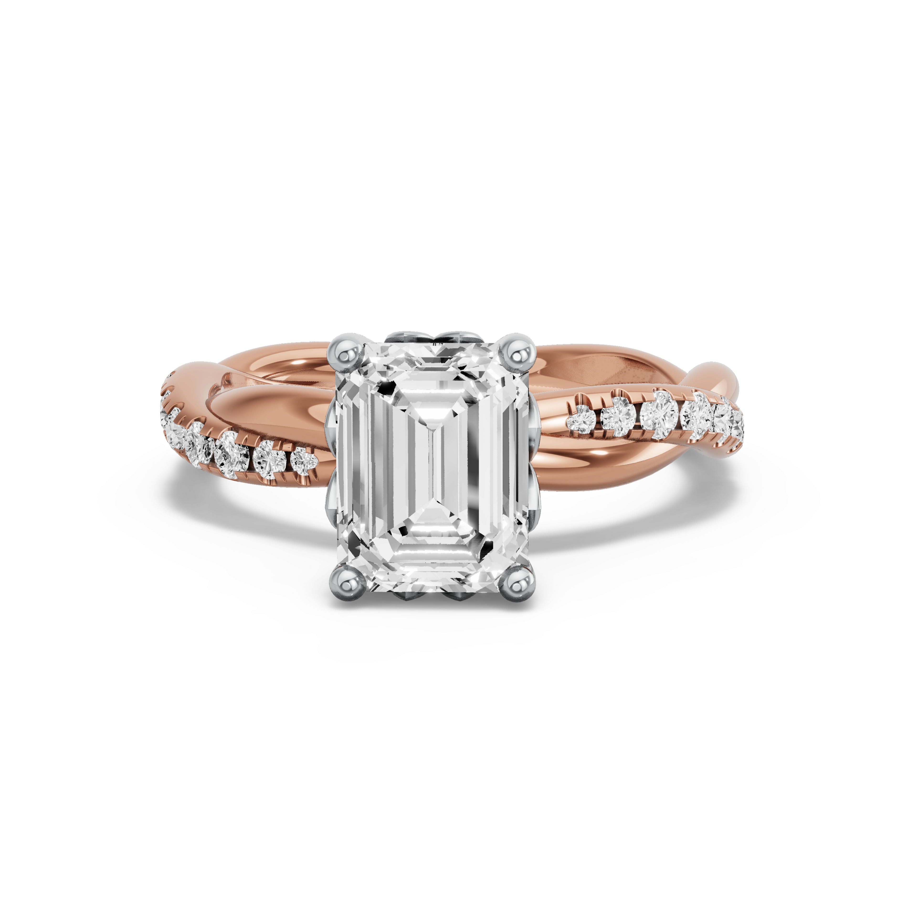 Image for Emerald Lotus Basket Ring with Rope Pave band in 18K Two Tone Rose Gold