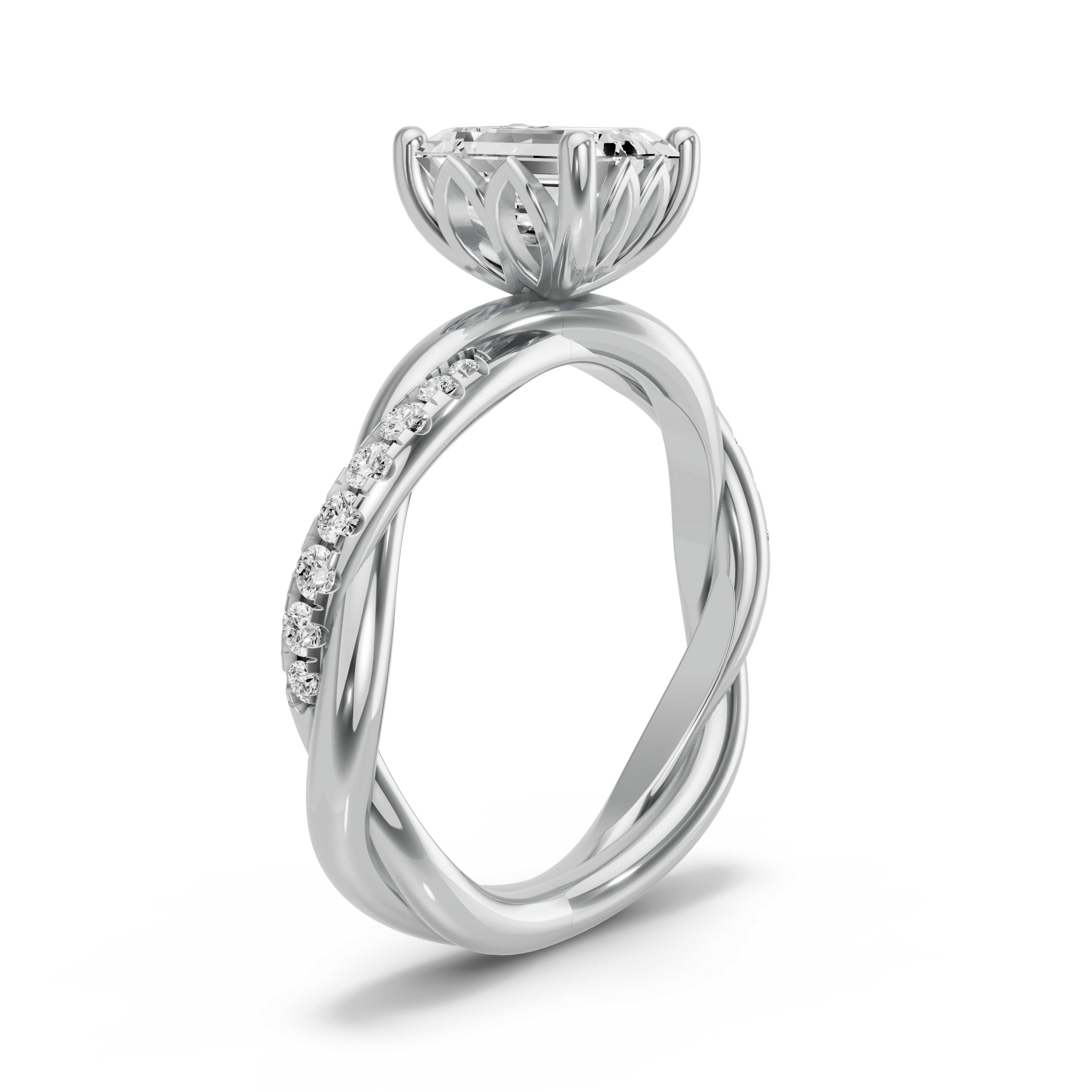 Image for Emerald Lotus Basket Ring with Rope Pave band in 14K White Gold