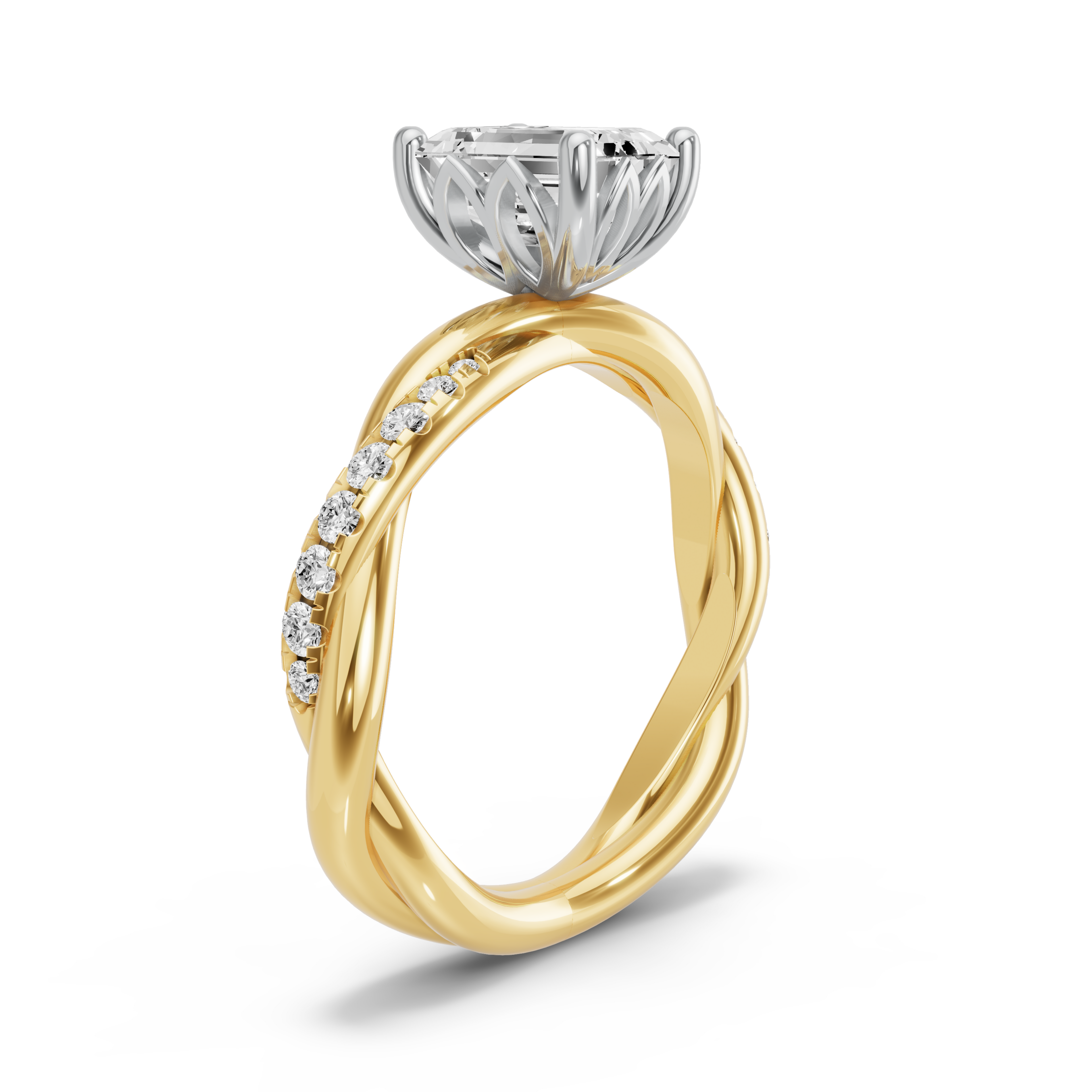 Image for Emerald Lotus Basket Ring with Rope Pave band in 18K Two Tone Yellow Gold