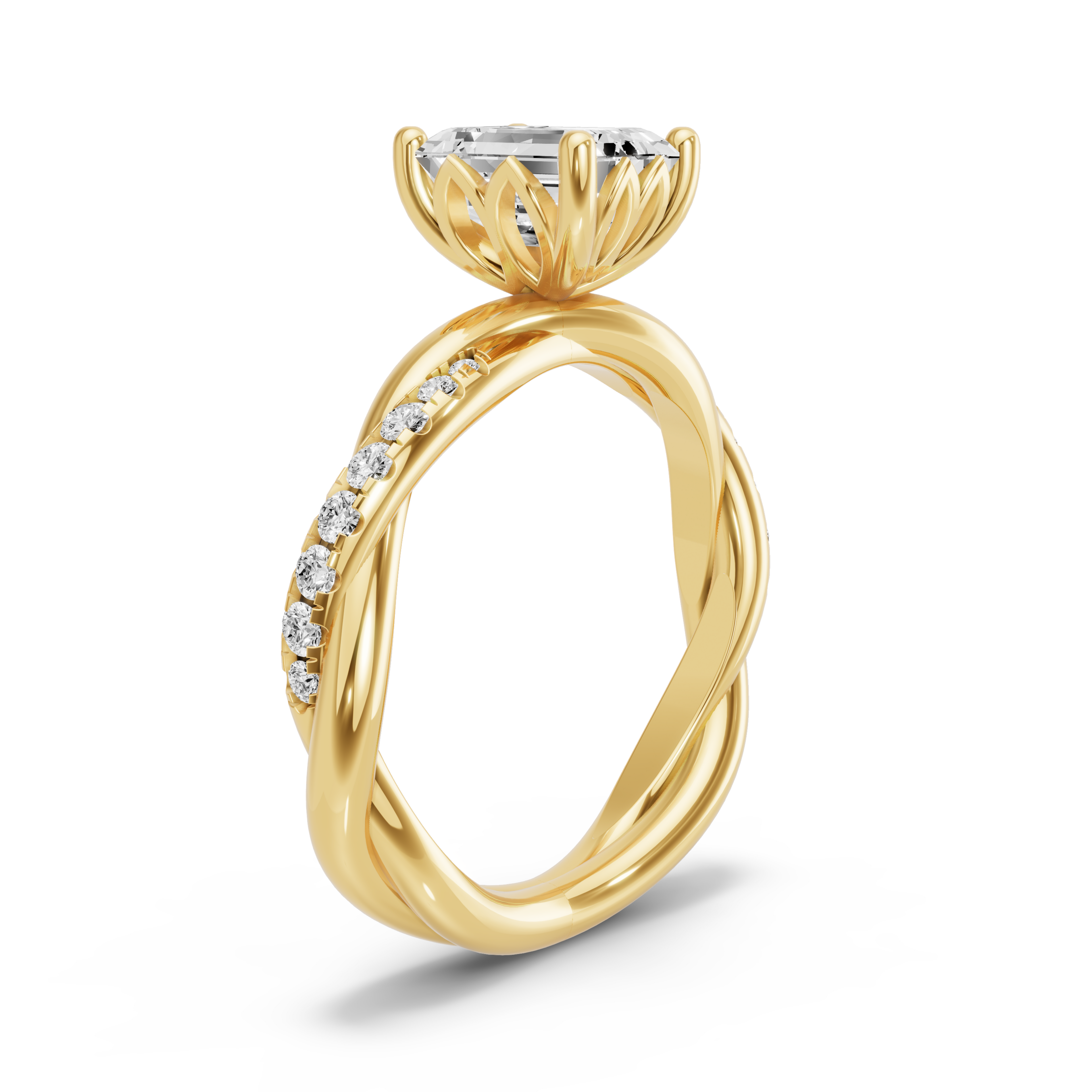 Image for Emerald Lotus Basket Ring with Rope Pave band in 10K Yellow Gold