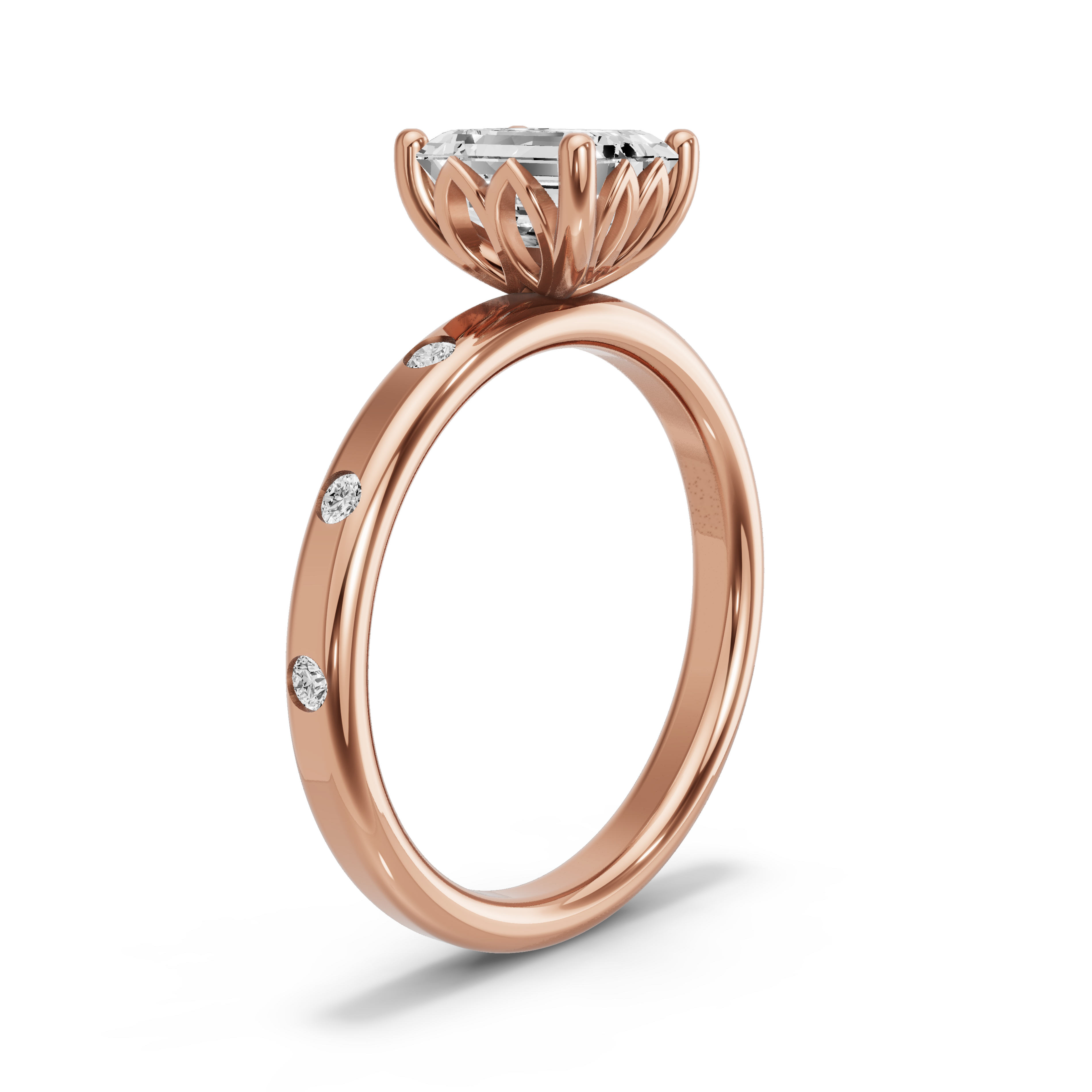 Image for Emerald Lotus Basket Ring with Sleek Accent band in 10K Rose Gold