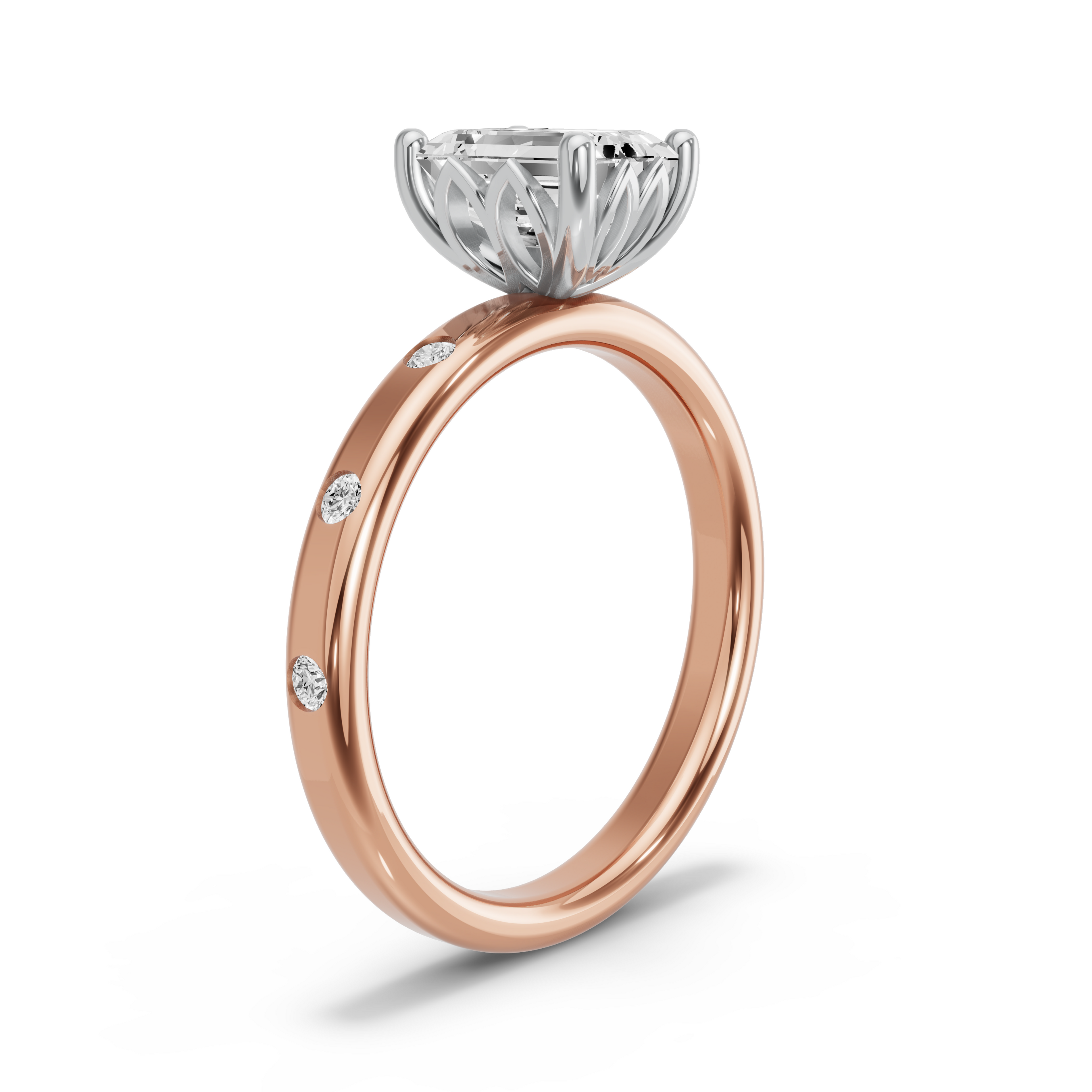 Image for Emerald Lotus Basket Ring with Sleek Accent band in 14K Two Tone Rose Gold