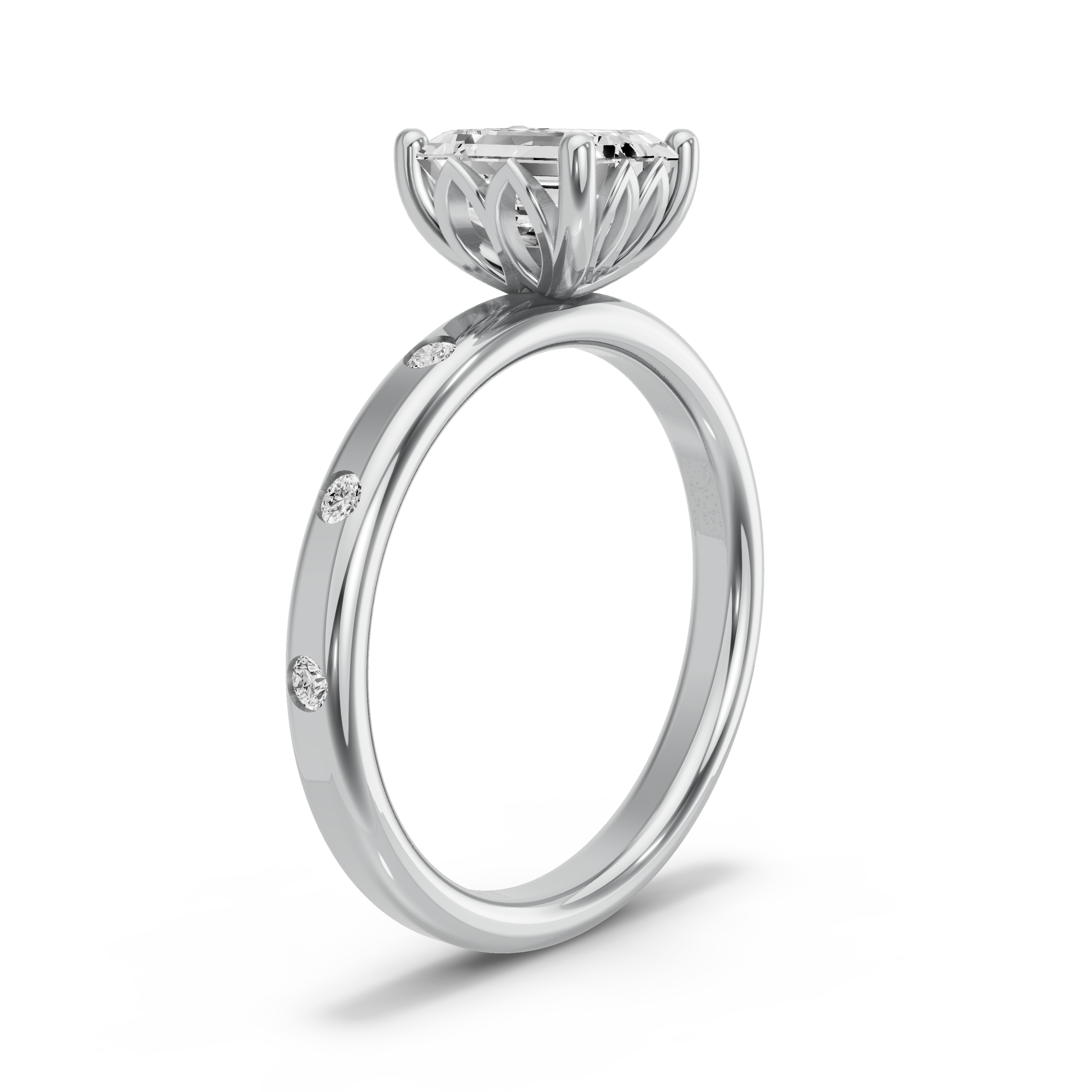 Image for Emerald Lotus Basket Ring with Sleek Accent band in 10K White Gold