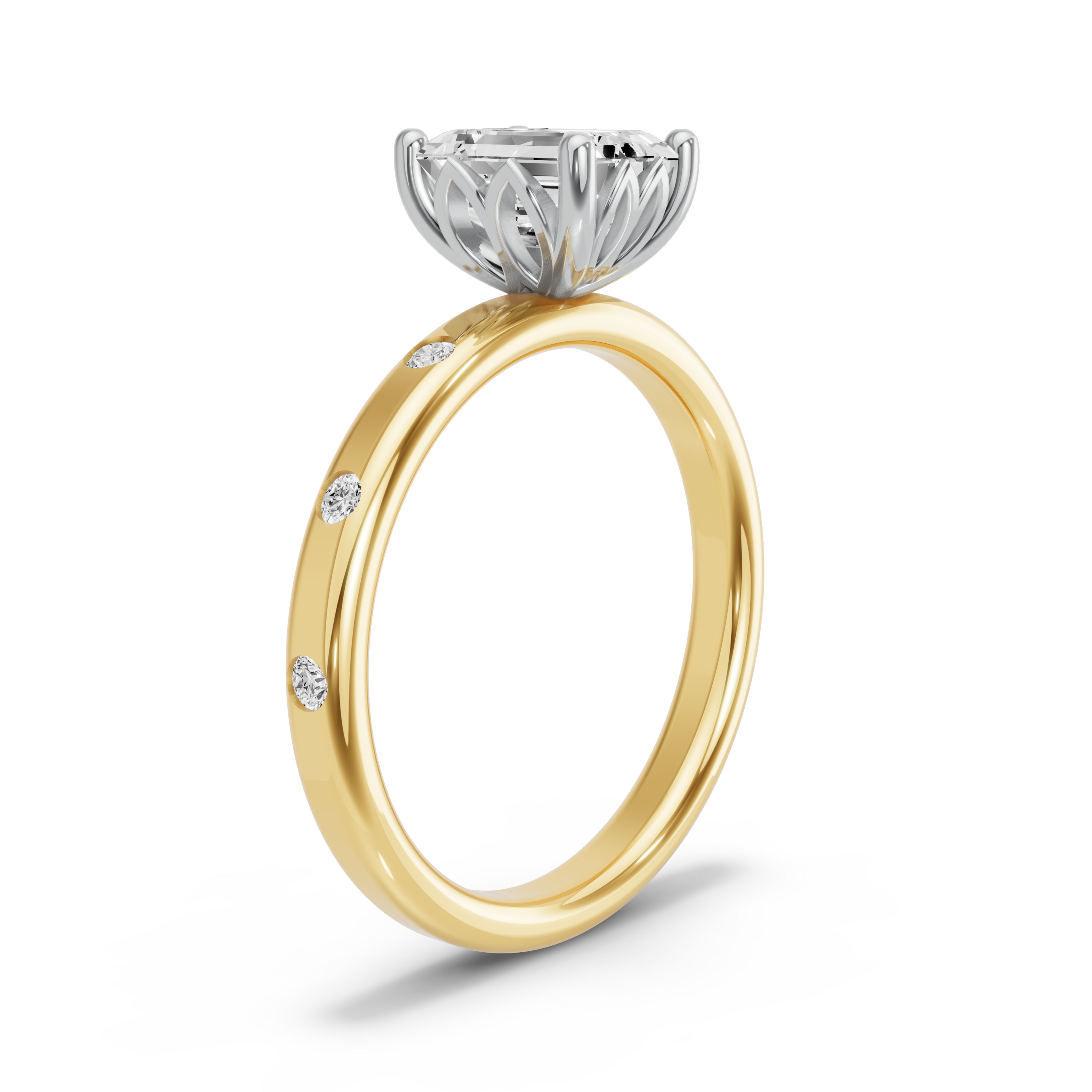 Image for Emerald Lotus Basket Ring with Sleek Accent band in 18K Two Tone Yellow Gold