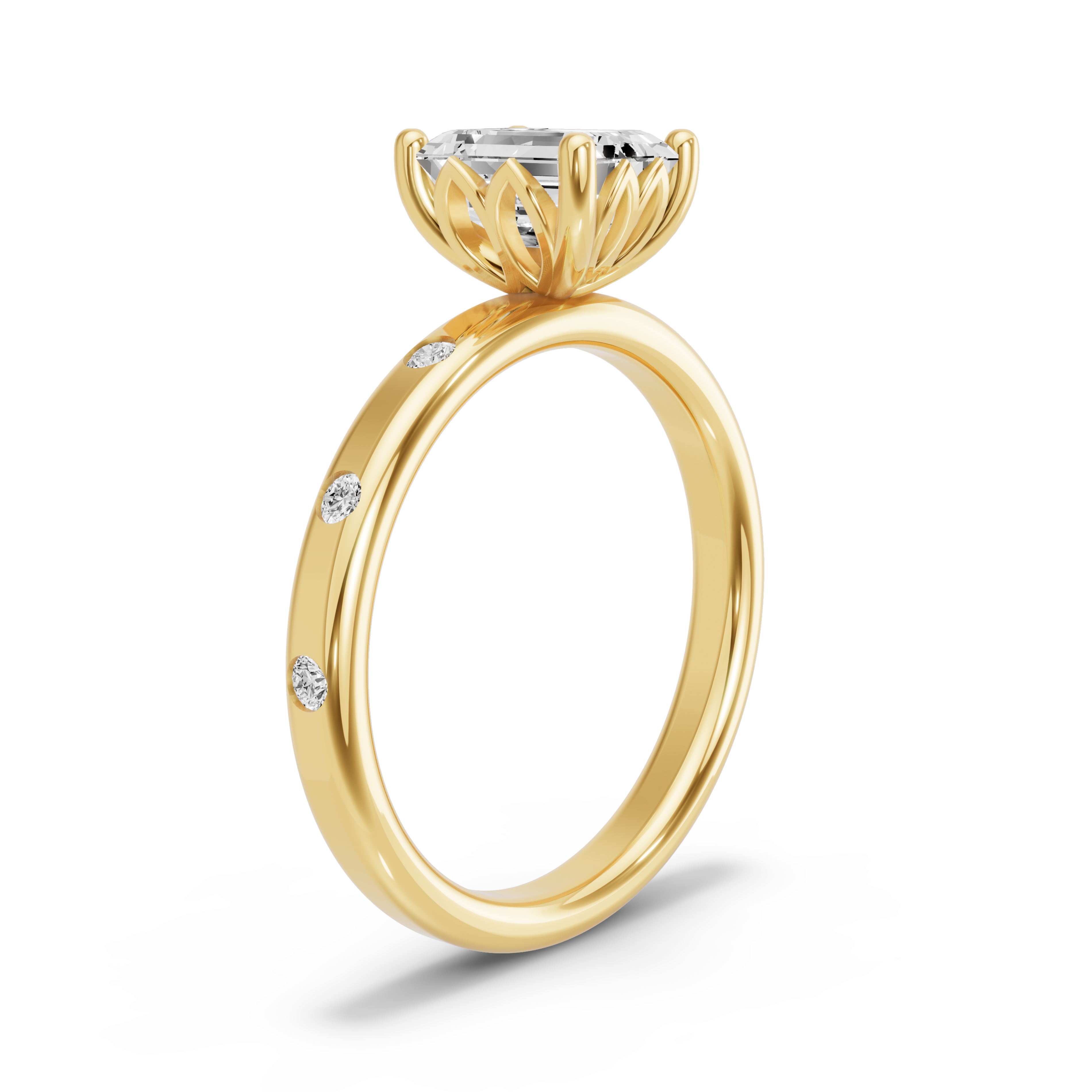 Image for Emerald Lotus Basket Ring with Sleek Accent band in 14K Yellow Gold